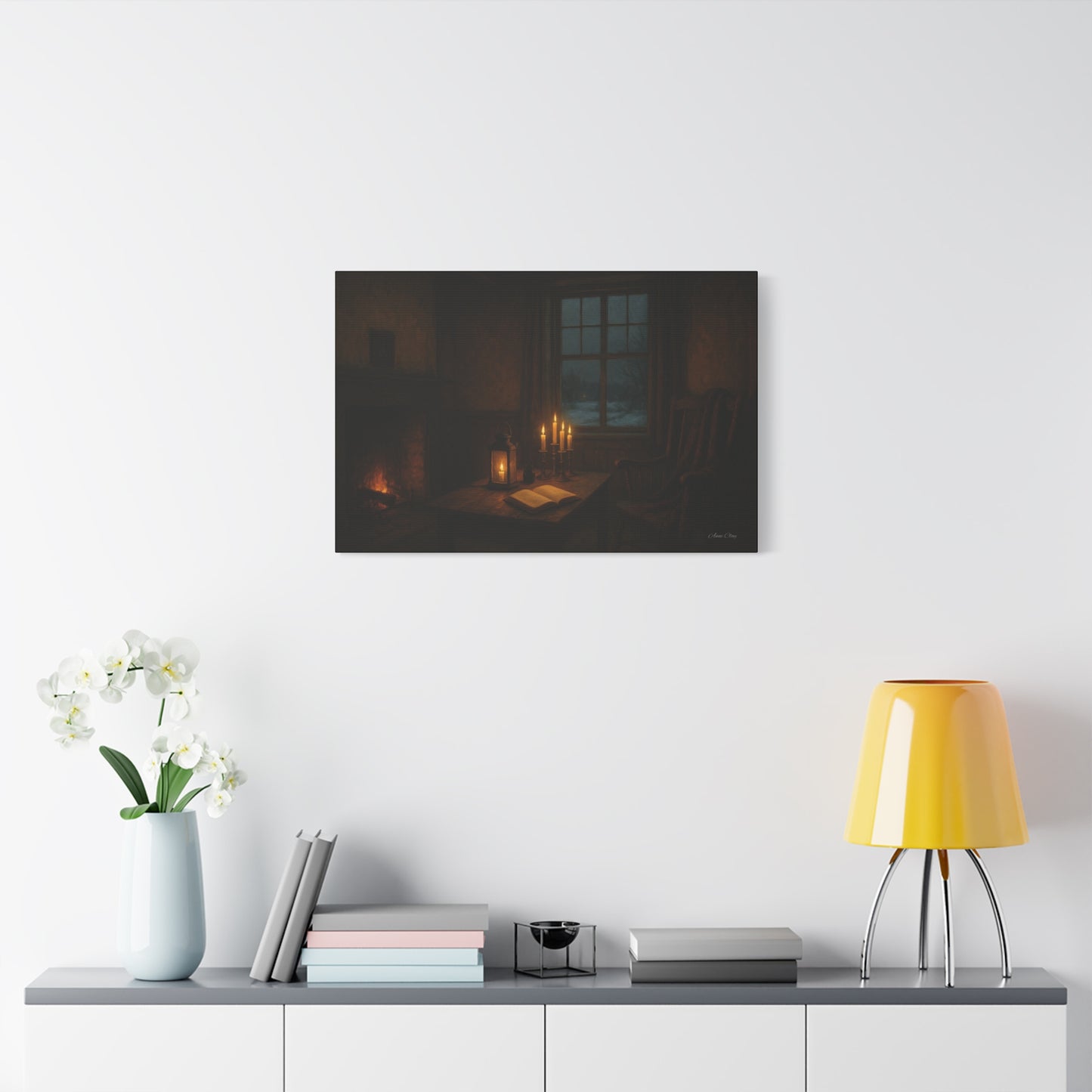 Cozy Candlelit Canvas Art, Home Decor, Warm Atmosphere, Gift for Book Lovers, Rustic Wall Art, Cozy Living Room Decor
