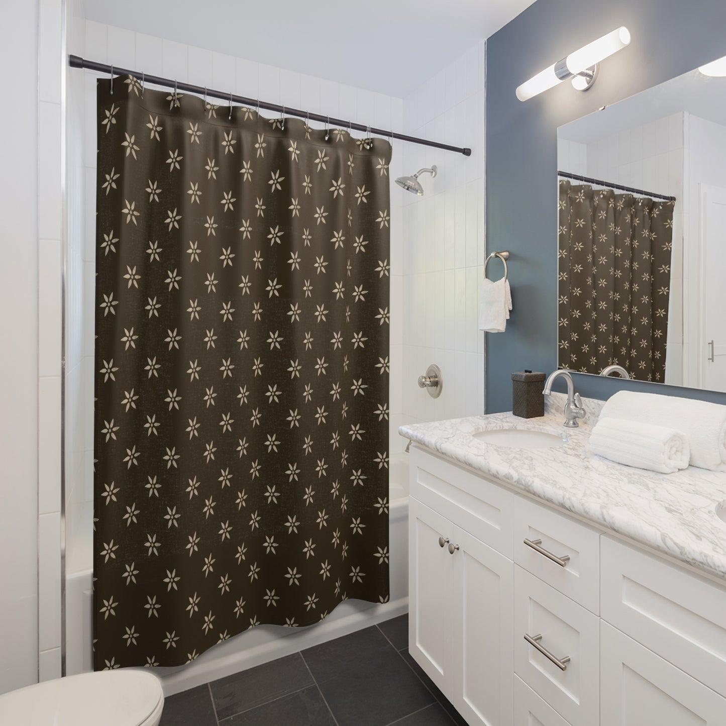 Cream Flower on Olive Brown Shower Curtains