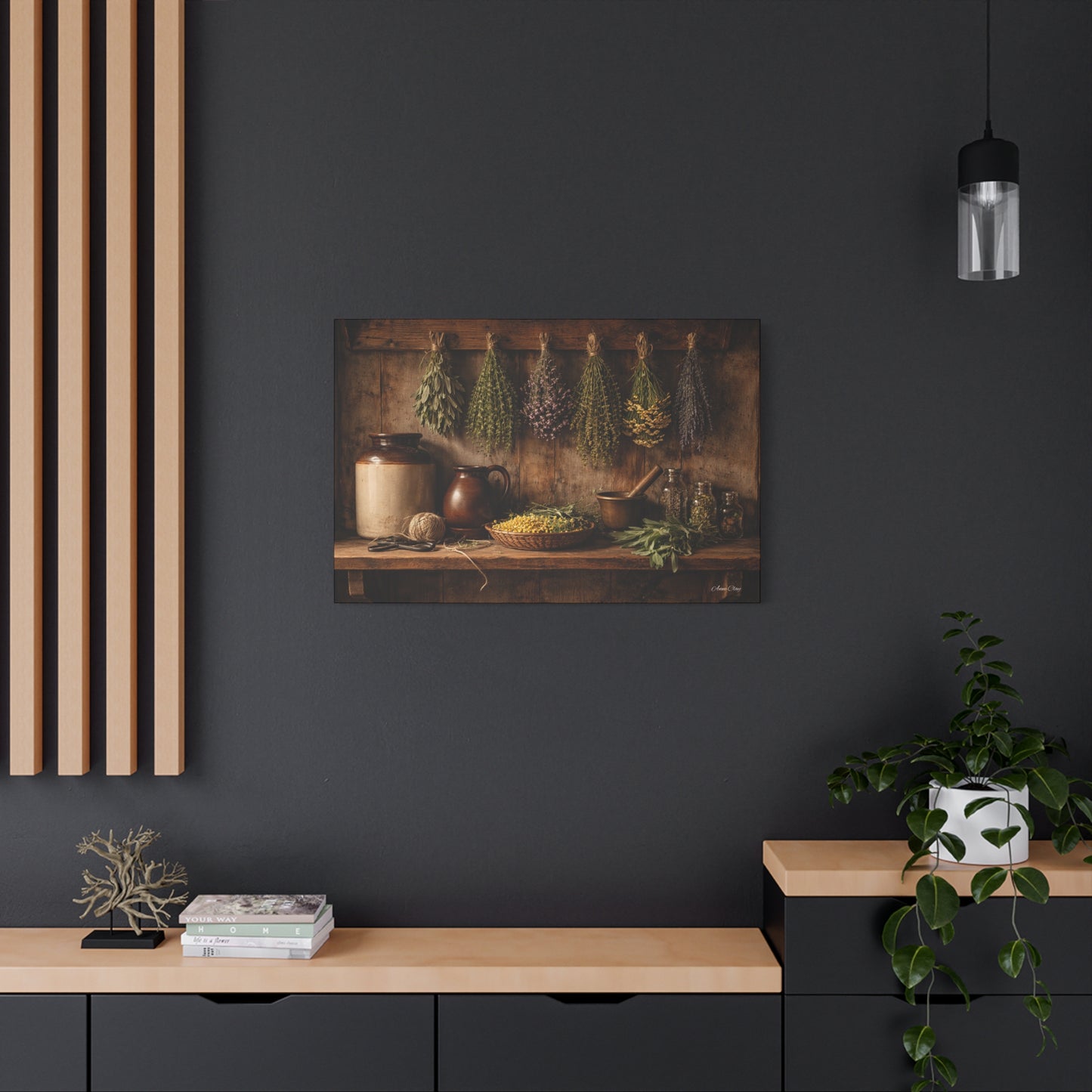 Domestic Rustic Herbal Kitchen Canvas Wall Art — Dried Herbs Still Life Matte Stretched Print