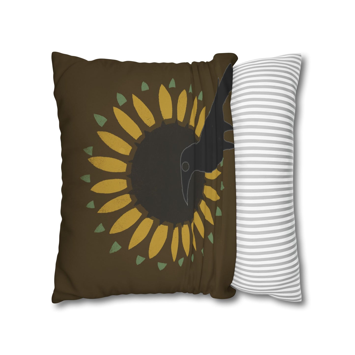 Sunflower and Crow on Brown/Green Square Poly Canvas Pillowcase