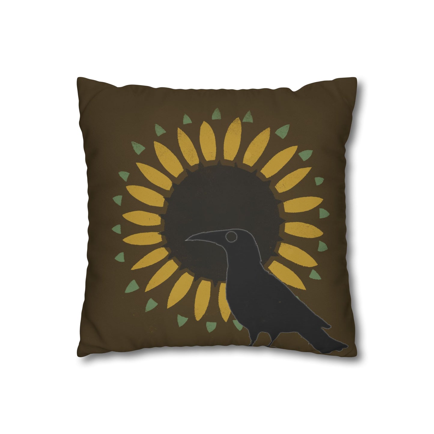 Sunflower and Crow on Brown/Green Square Poly Canvas Pillowcase
