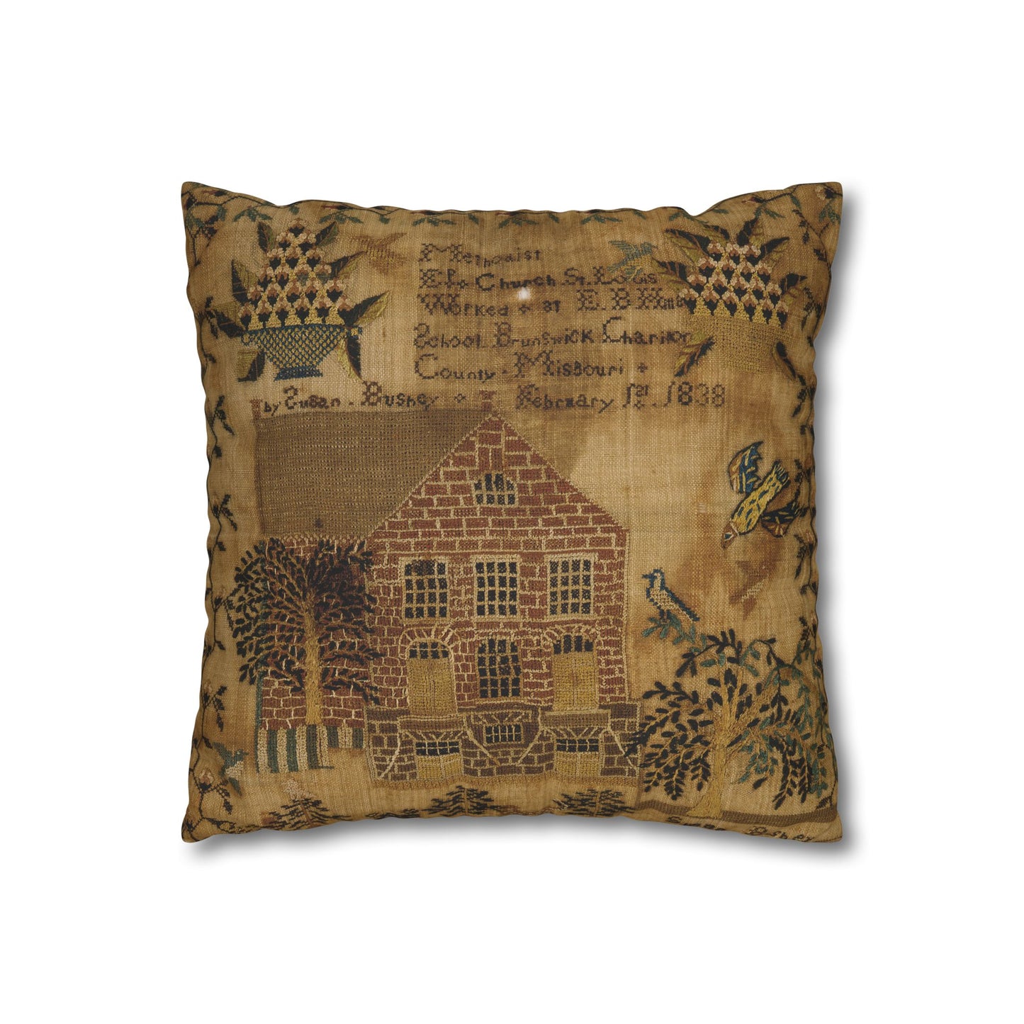 Vintage-Inspired Square Poly Canvas Pillowcase - Rustic Home Decor with Historic Schoolhouse Design