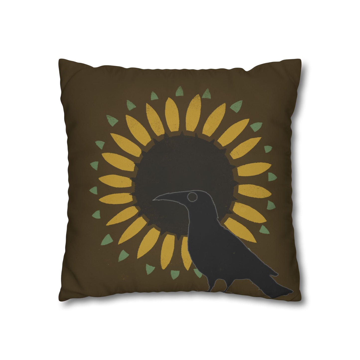 Sunflower and Crow on Brown/Green Square Poly Canvas Pillowcase