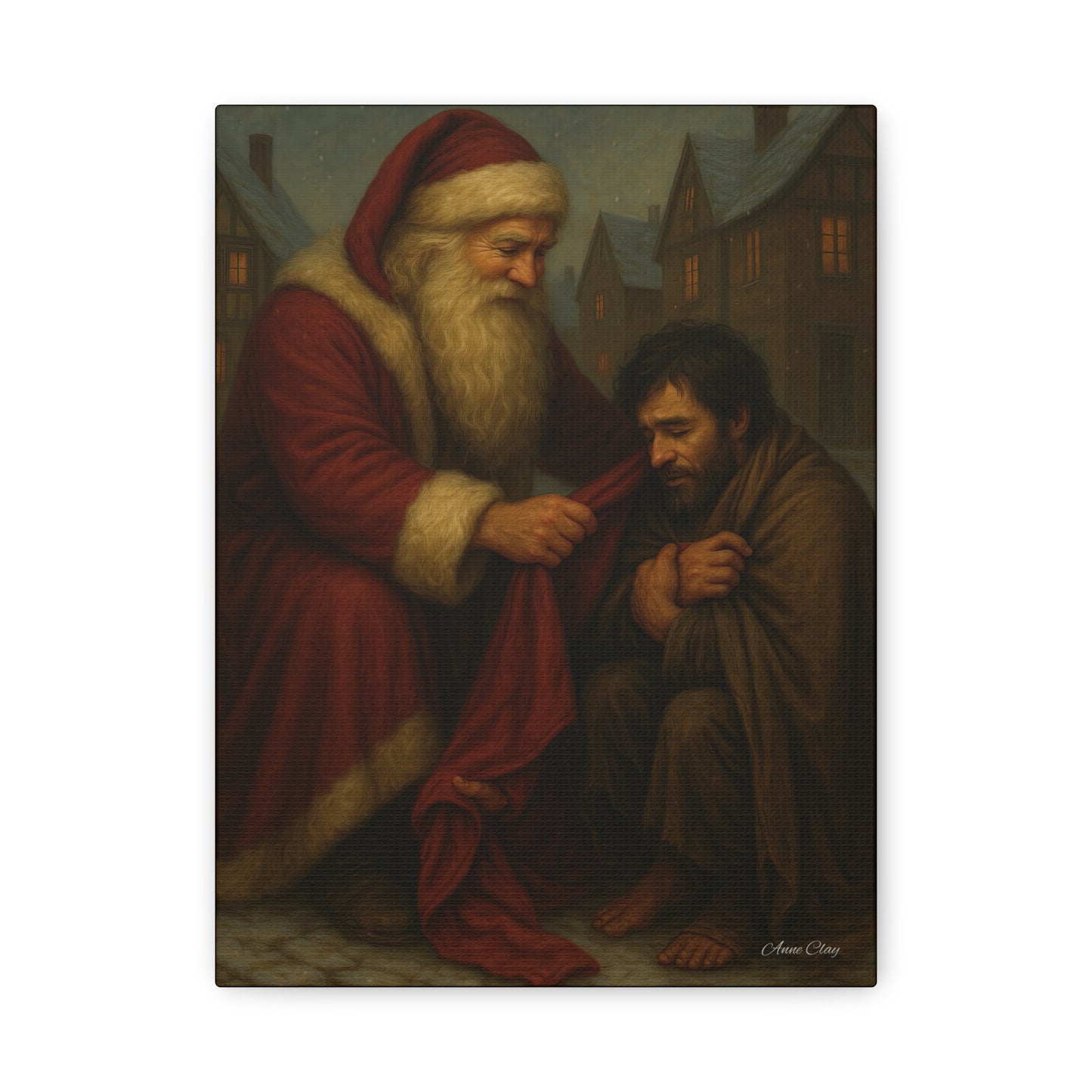 Charity Old World Santa Christmas Canvas Art: Santa's Compassionate Gesture