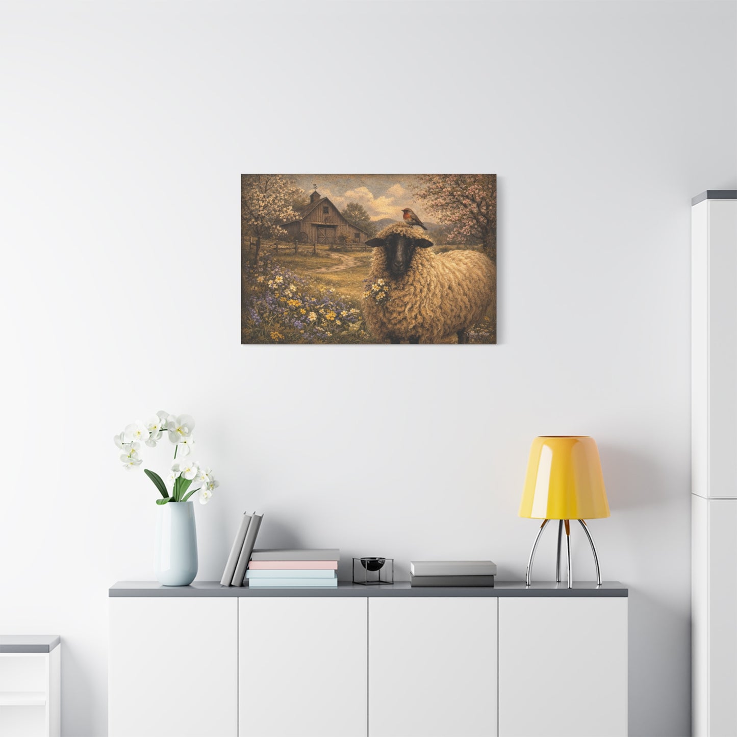 Sheep in Spring Matte Canvas Wall Art — Rustic Barn & Robin Farmhouse Decor