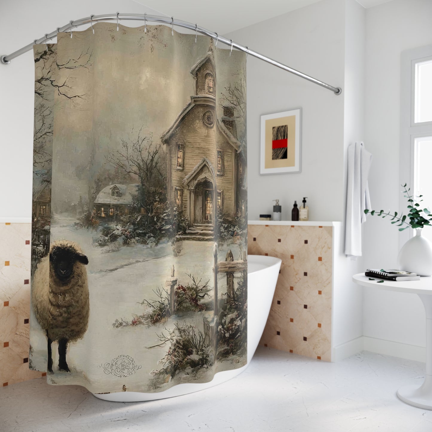Cozy Winter Shower Curtain, Rustic Bathroom Decor, Sheep and Winter Landscape, Farmhouse Style, Holiday Gift Idea