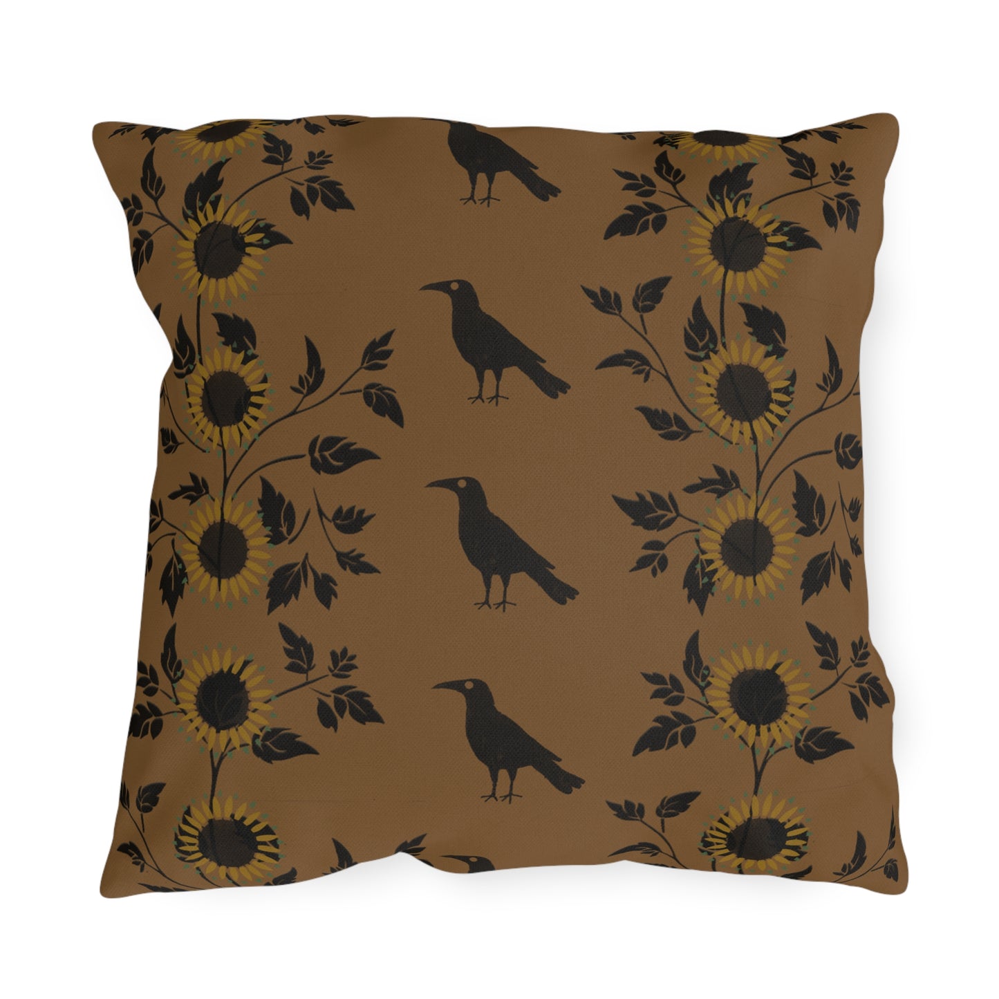 Sunflower and Crows on Gold Outdoor Pillows