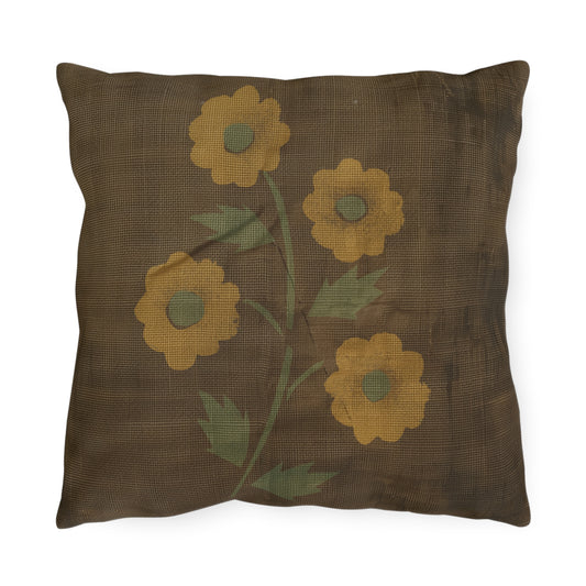 Primitive Distressed Stencil Flower on Brown Outdoor Pillows