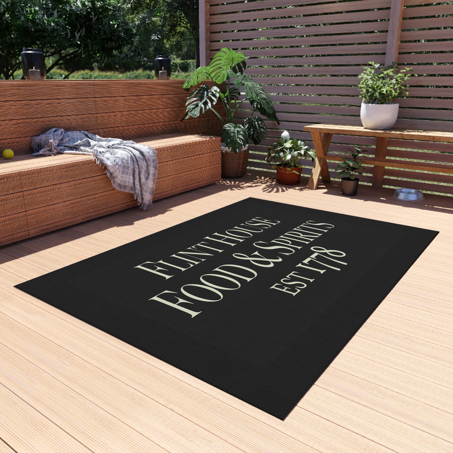 Elegant Outdoor Rug for Patios and Porches - 'Flint House Food & Spirits' Design