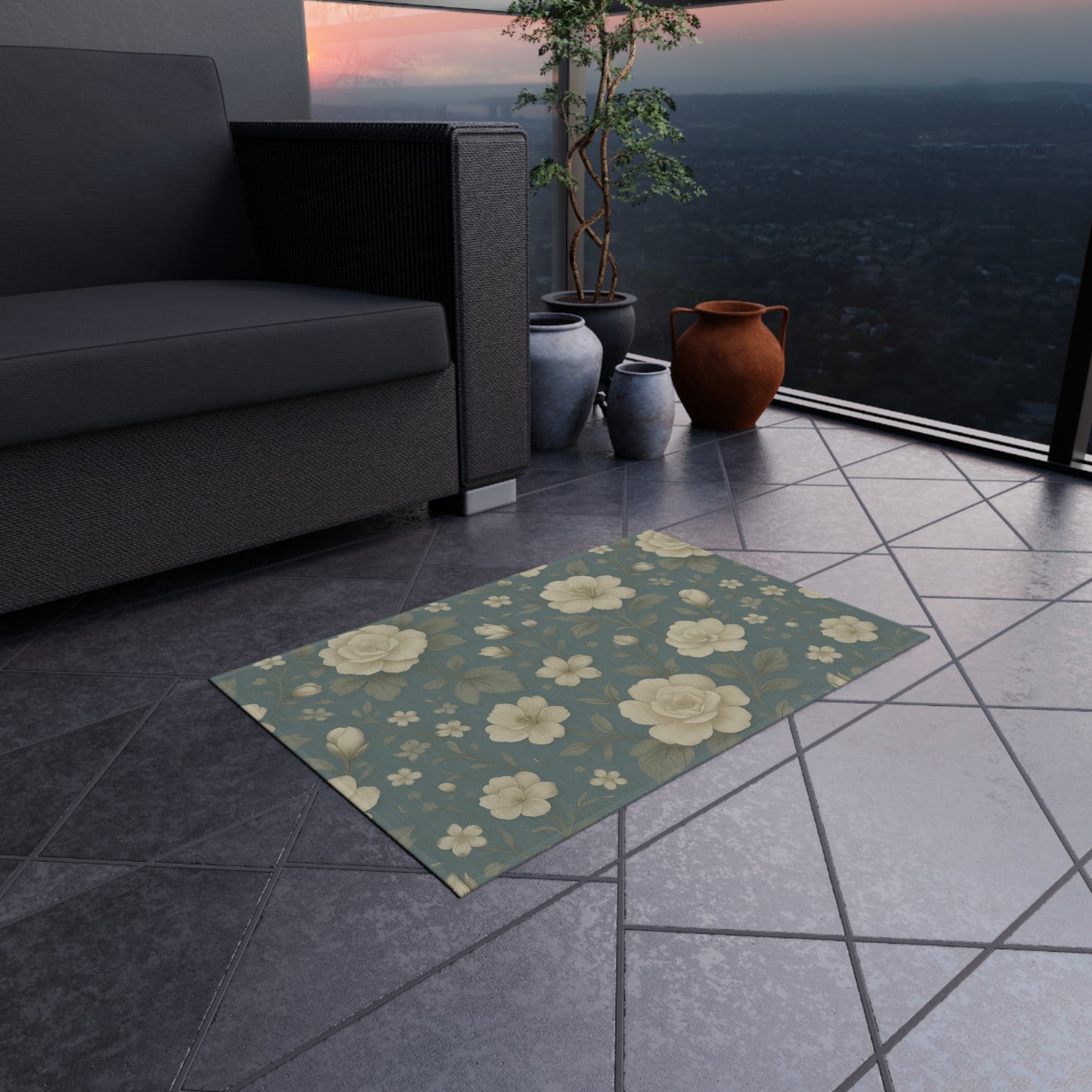 Floral Outdoor Patio Rug - Chic Garden Decor, Indoor-Outdoor Mat, Stylish Entertaining, Summer BBQ, Cozy Gathering