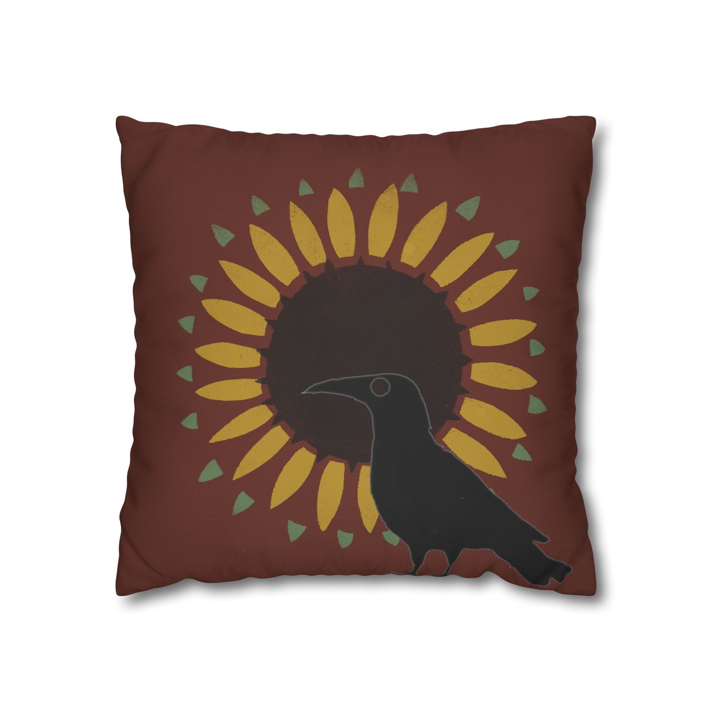 Crow and Sunflower Stencil on Red Square Poly Canvas Pillowcase