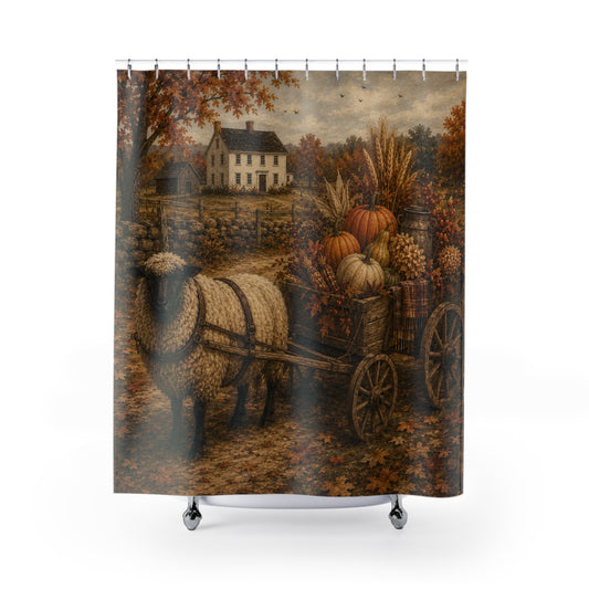Autumn Harvest Shower Curtain — Rustic Farmhouse Fall Pumpkins & Hay Wagon Bath Decor