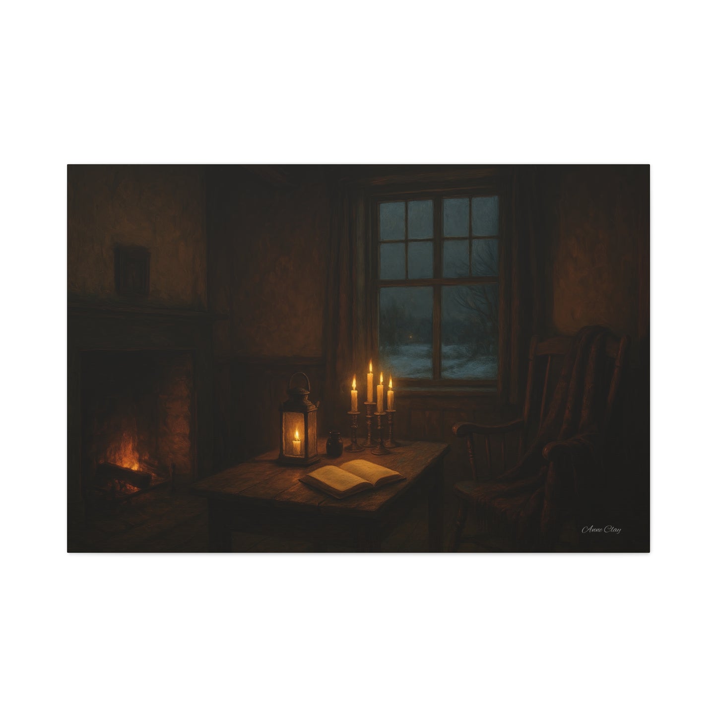 Cozy Candlelit Canvas Art, Home Decor, Warm Atmosphere, Gift for Book Lovers, Rustic Wall Art, Cozy Living Room Decor