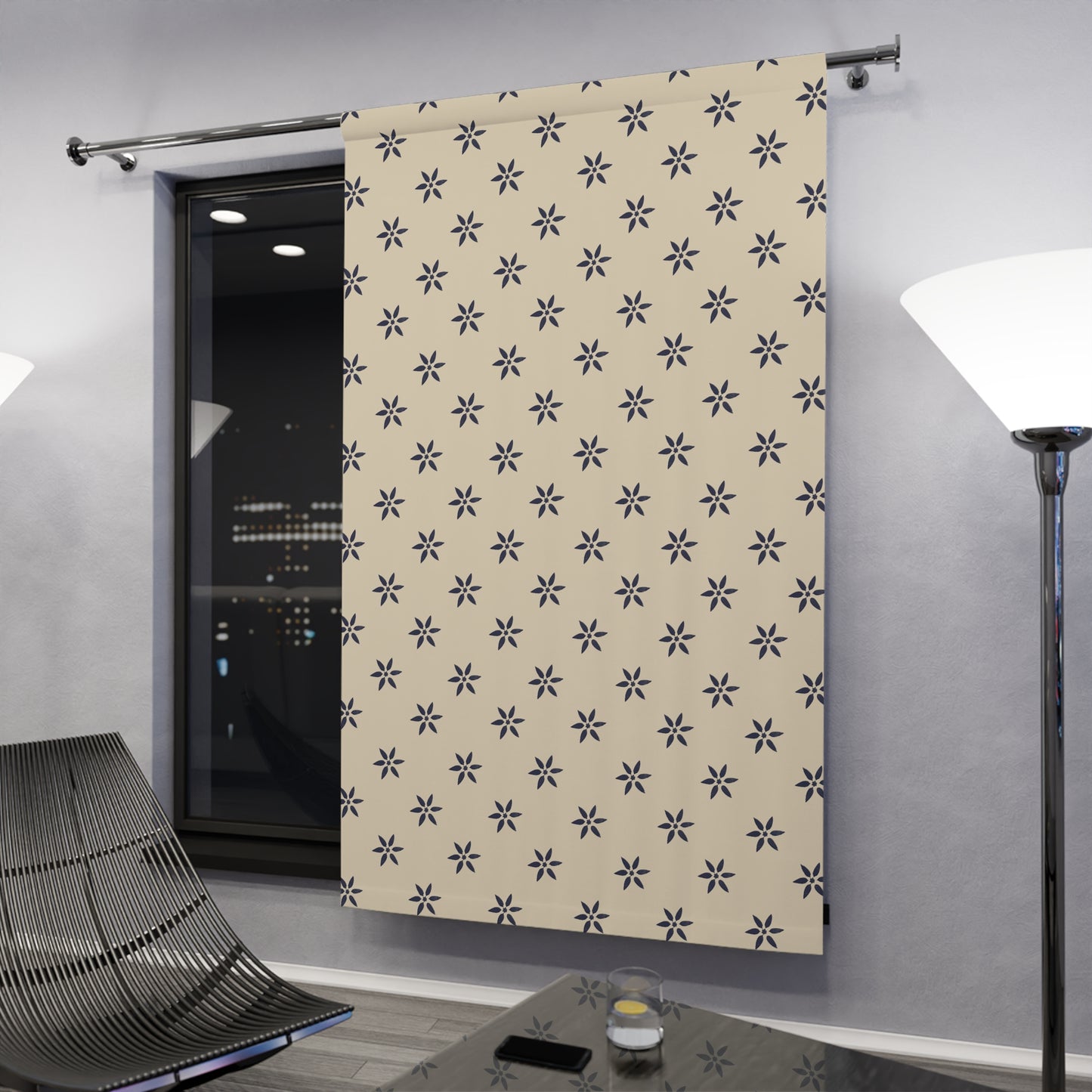 Navy on Cream Window Curtains (1 Piece)