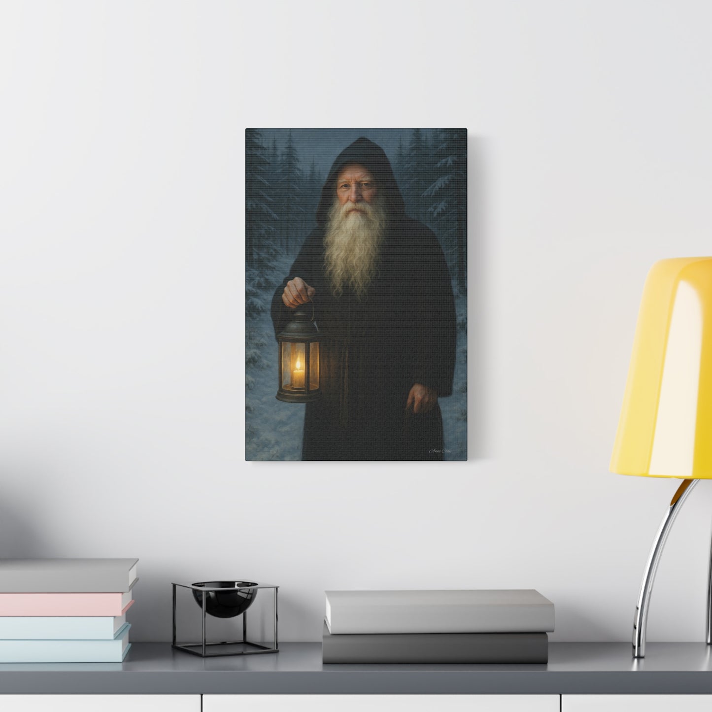 Old World Santa with Lantern Canvas Print, Wall Art, Home Decor, Cabin Vibes, Gift for Him, Rustic Wall Decor, Nature Lover's Gift