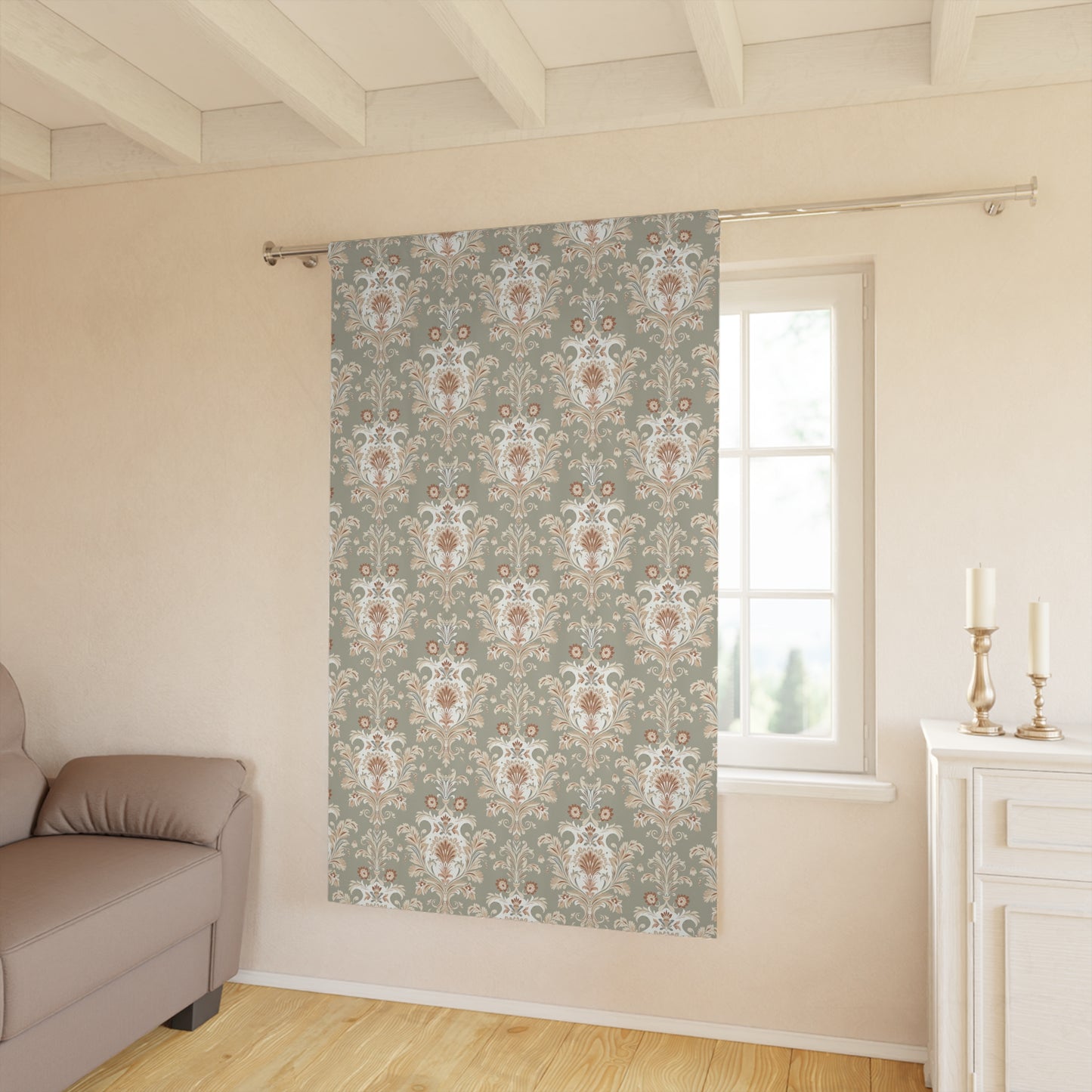 Fantasy Collection Green and Tan Damask Window Curtains (1 Piece)
