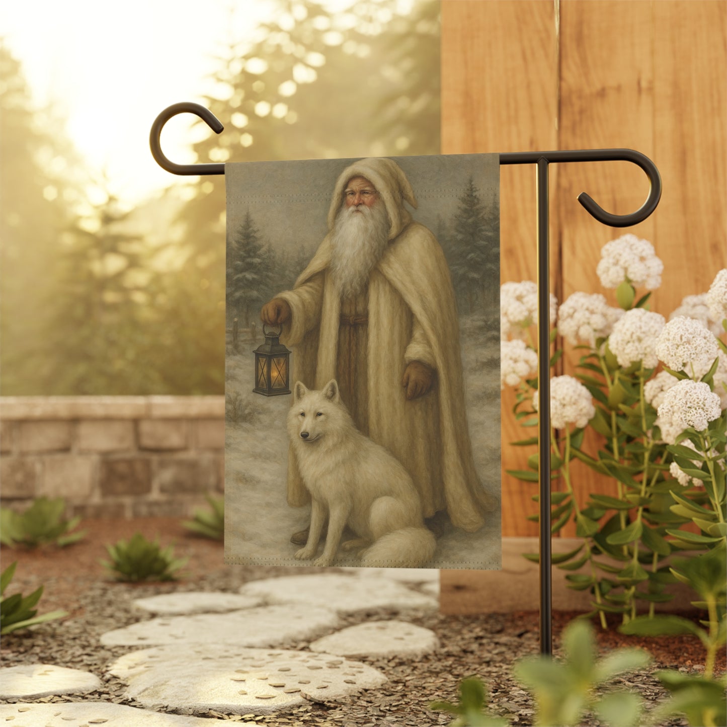 Winter-Themed Garden Banner Featuring a Lantern-Secured Santa and Arctic Fox, Cozy Home Decor for the Holidays, Outdoor Display, [...]