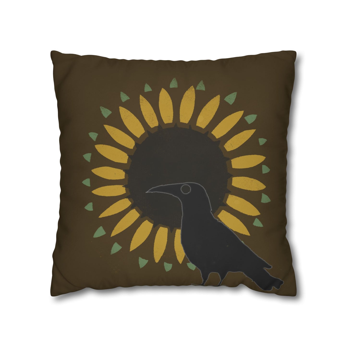 Sunflower and Crow on Brown/Green Square Poly Canvas Pillowcase
