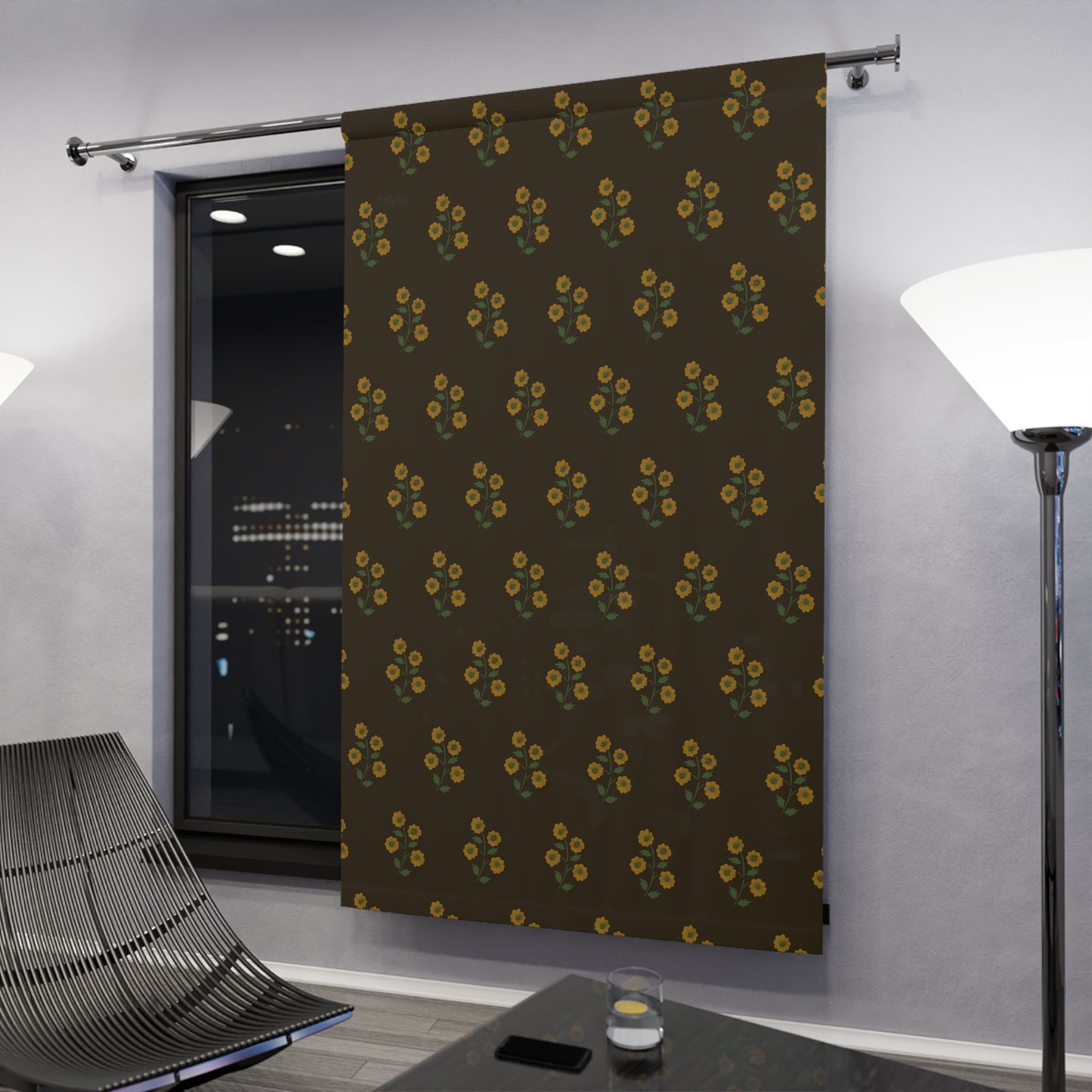 Stencilled Flowers on Brown Window Curtains (1 Piece)