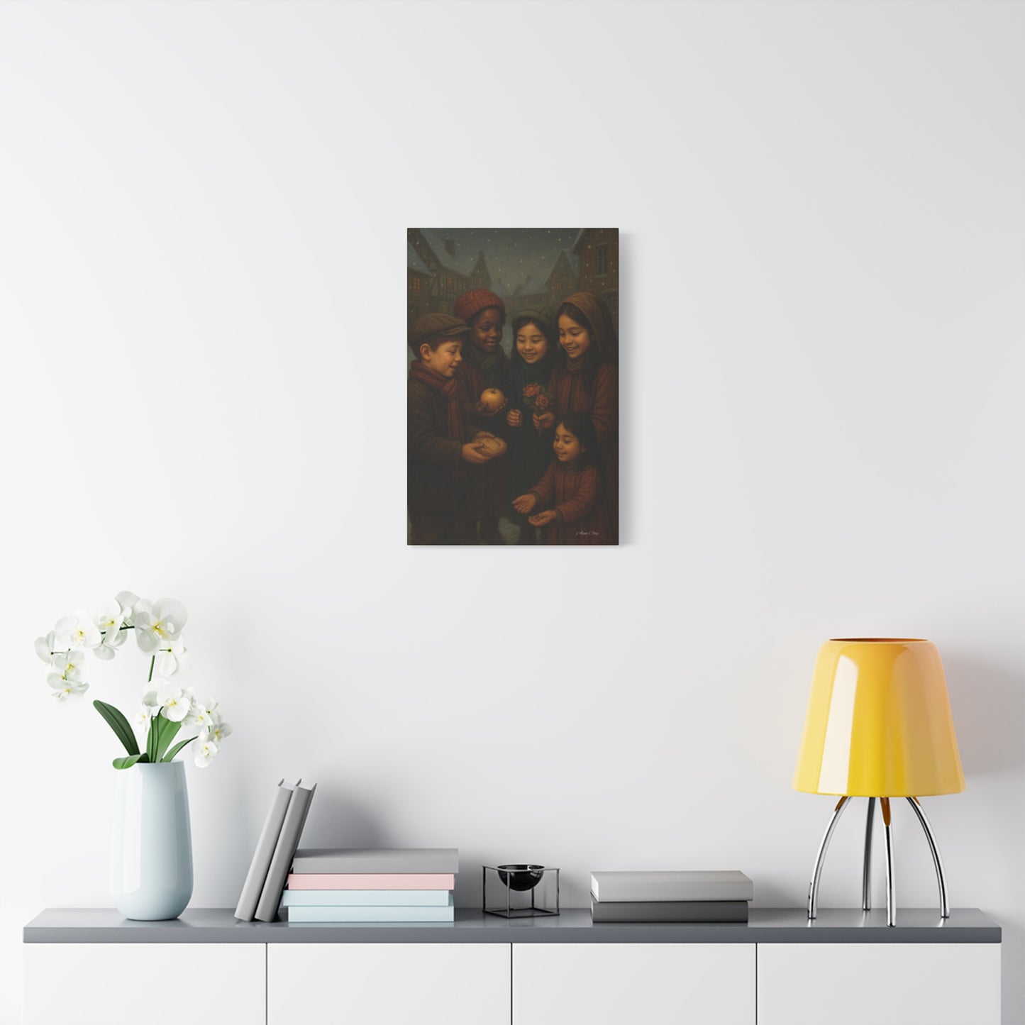 Spirit of Christmas, Open Arms, Sharing Festive Canvas Art Print: Joyful Winter Children Scene