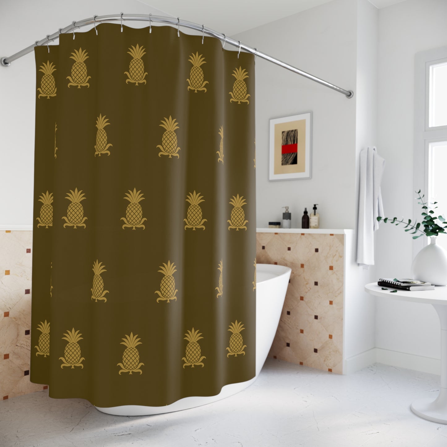 Mustard Pineapple on Green/Brown Background Shower Curtains