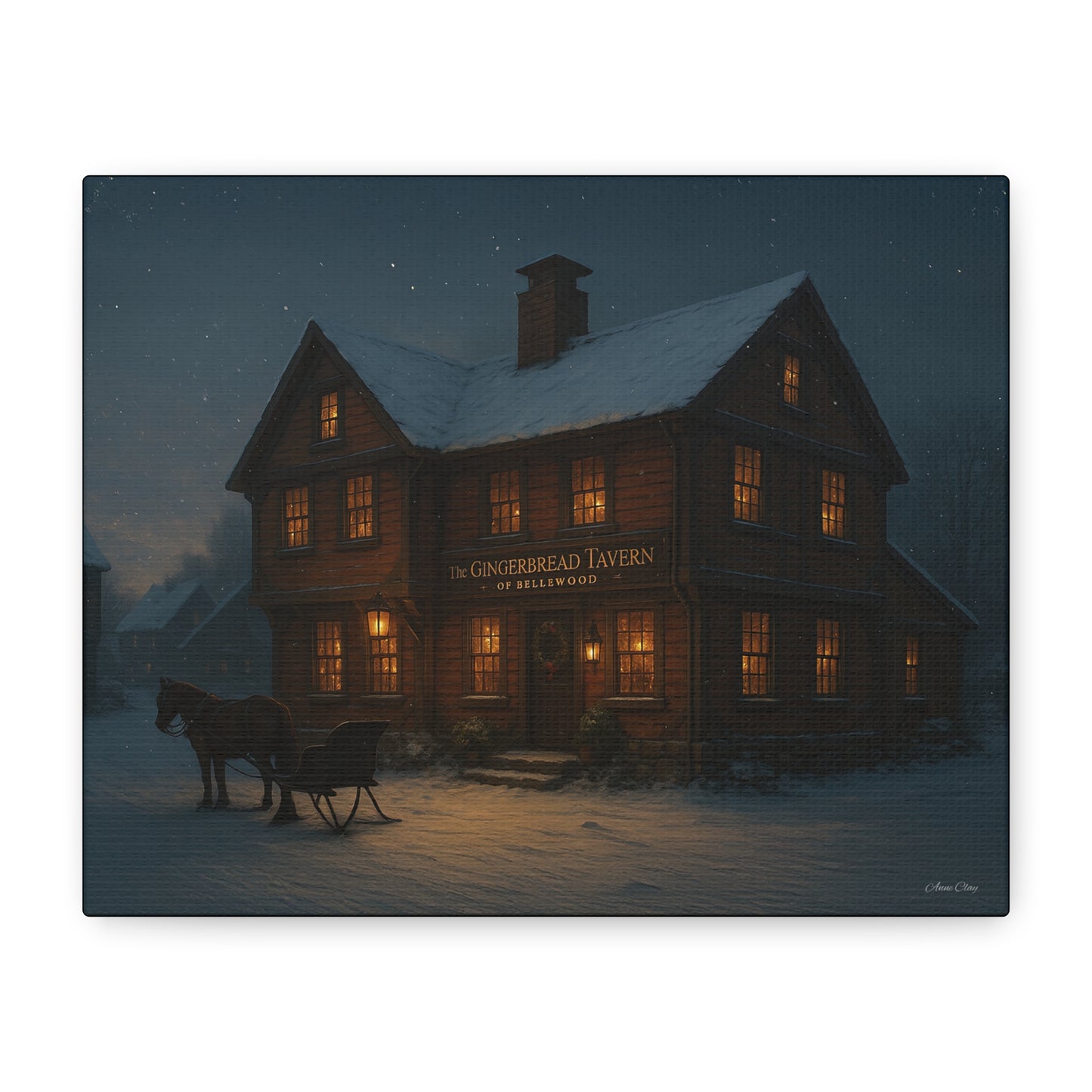 Gingerbread Tavern Winter Night Matte Stretched Canvas