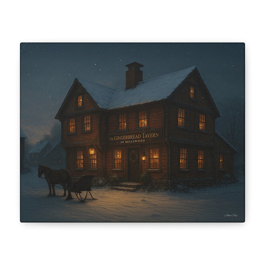 Gingerbread Tavern Winter Night Matte Stretched Canvas