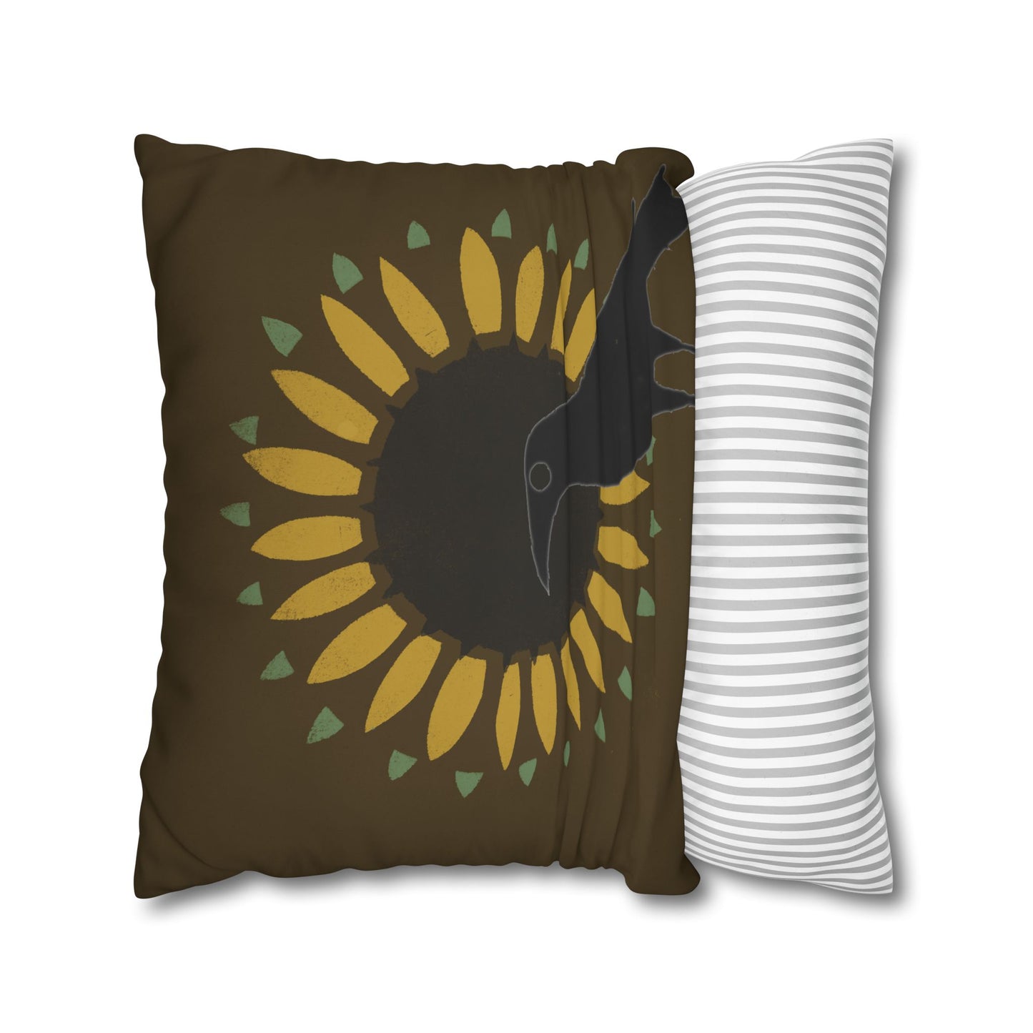 Sunflower and Crow on Brown/Green Square Poly Canvas Pillowcase