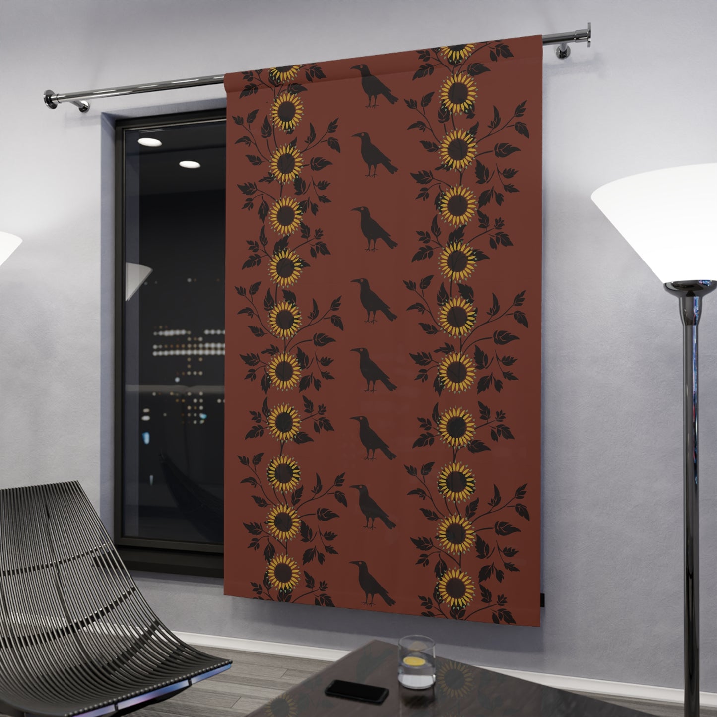 Sunflowrs and Crows Stencil on Red Window Curtains (1 Piece)