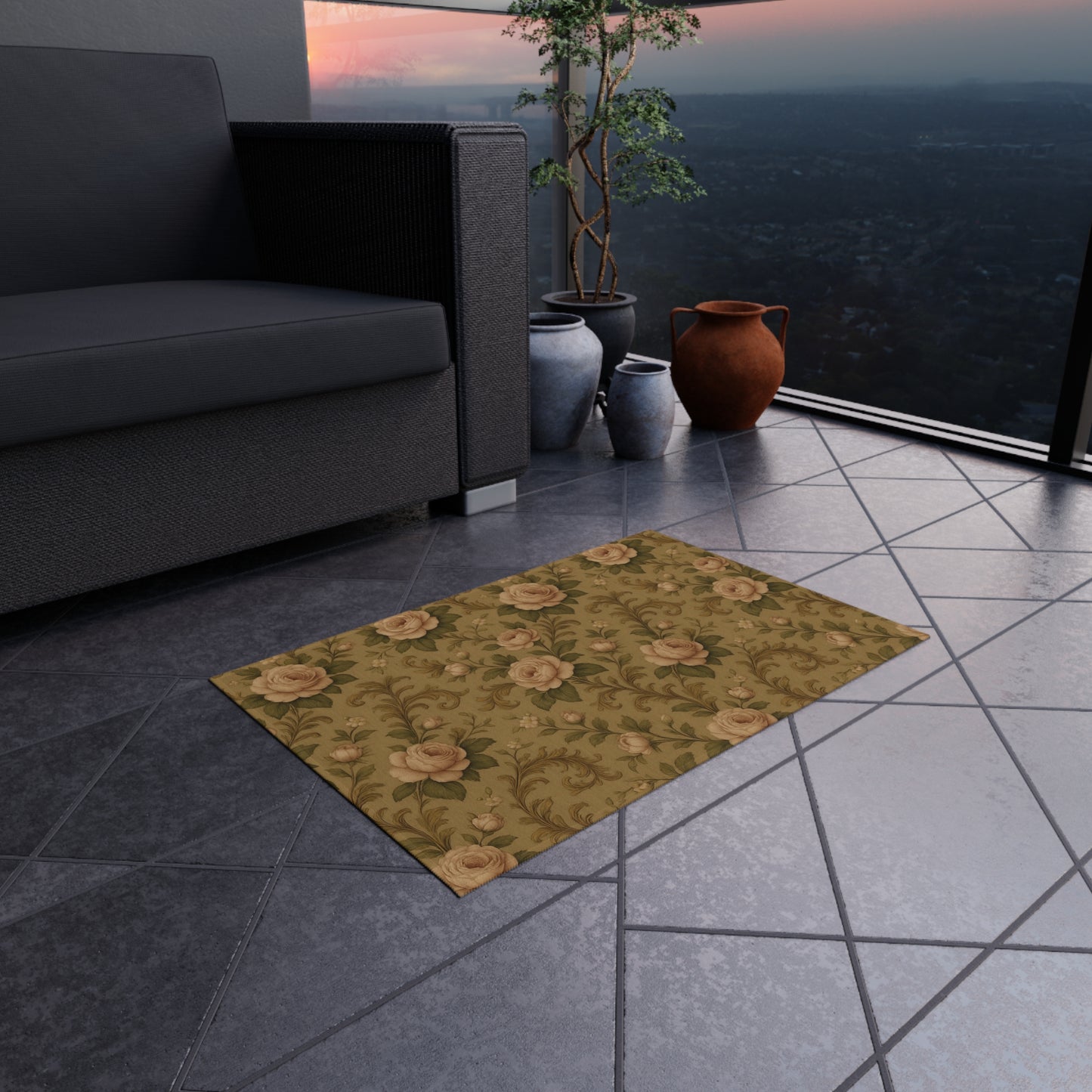 Vintage Floral Outdoor Rug, Boho Patio Mat, Garden Floor Decor, Rustic Outdoor Carpet, Perfect for Picnics & BBQs