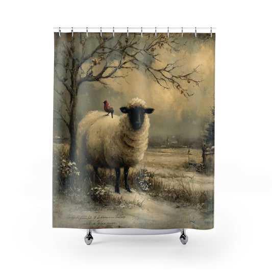 Rustic Animal Shower Curtain with Sheep and Cardinal Design, Farmhouse Decor, Bathroom Accessories, Gift for Nature Lovers, Cozy Home
