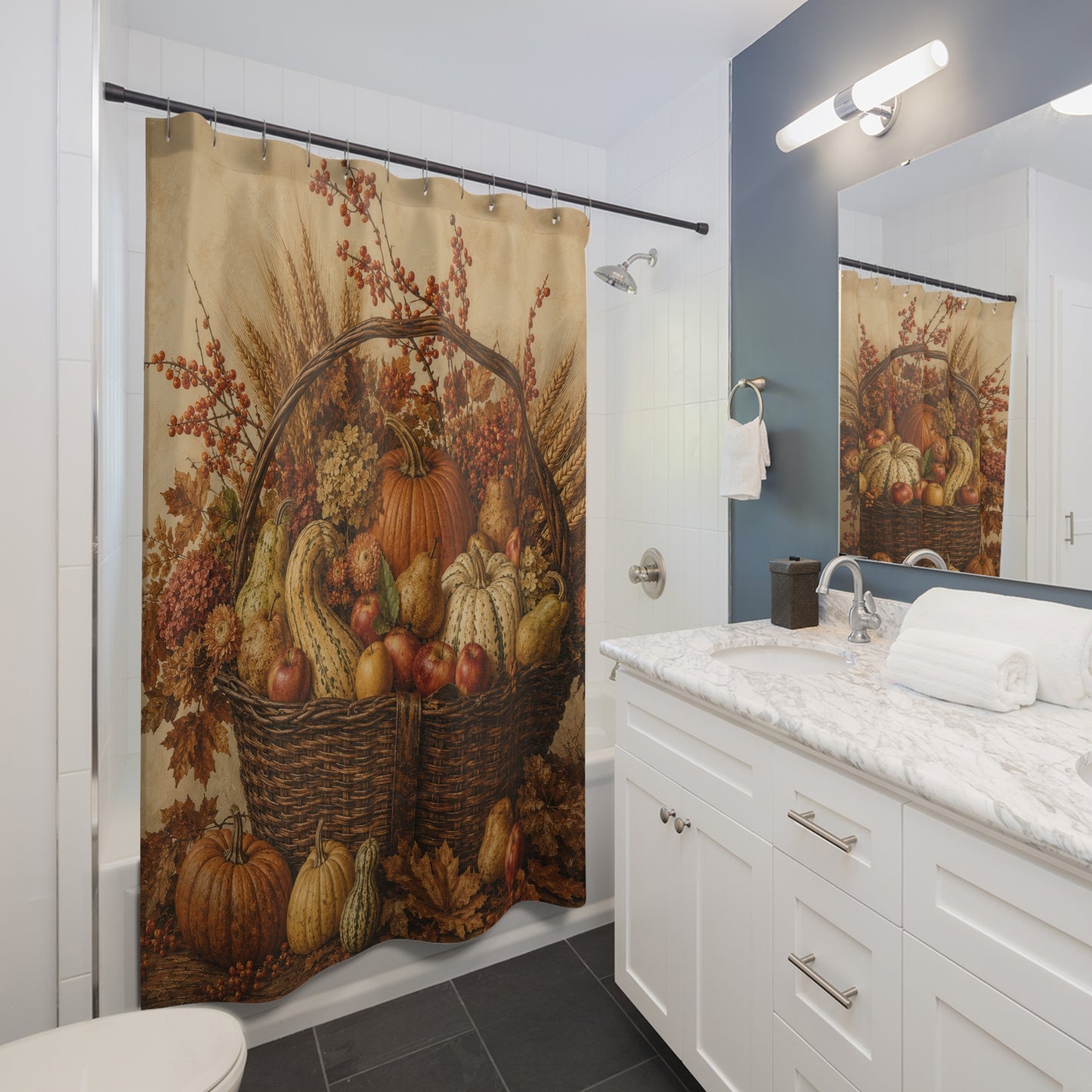 Autumn Harvest Shower Curtain — Rustic Pumpkin & Gourd Basket Fall Bathroom Decor