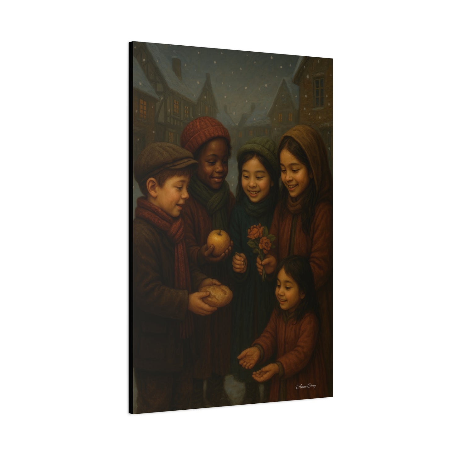 Spirit of Christmas, Open Arms, Sharing Festive Canvas Art Print: Joyful Winter Children Scene