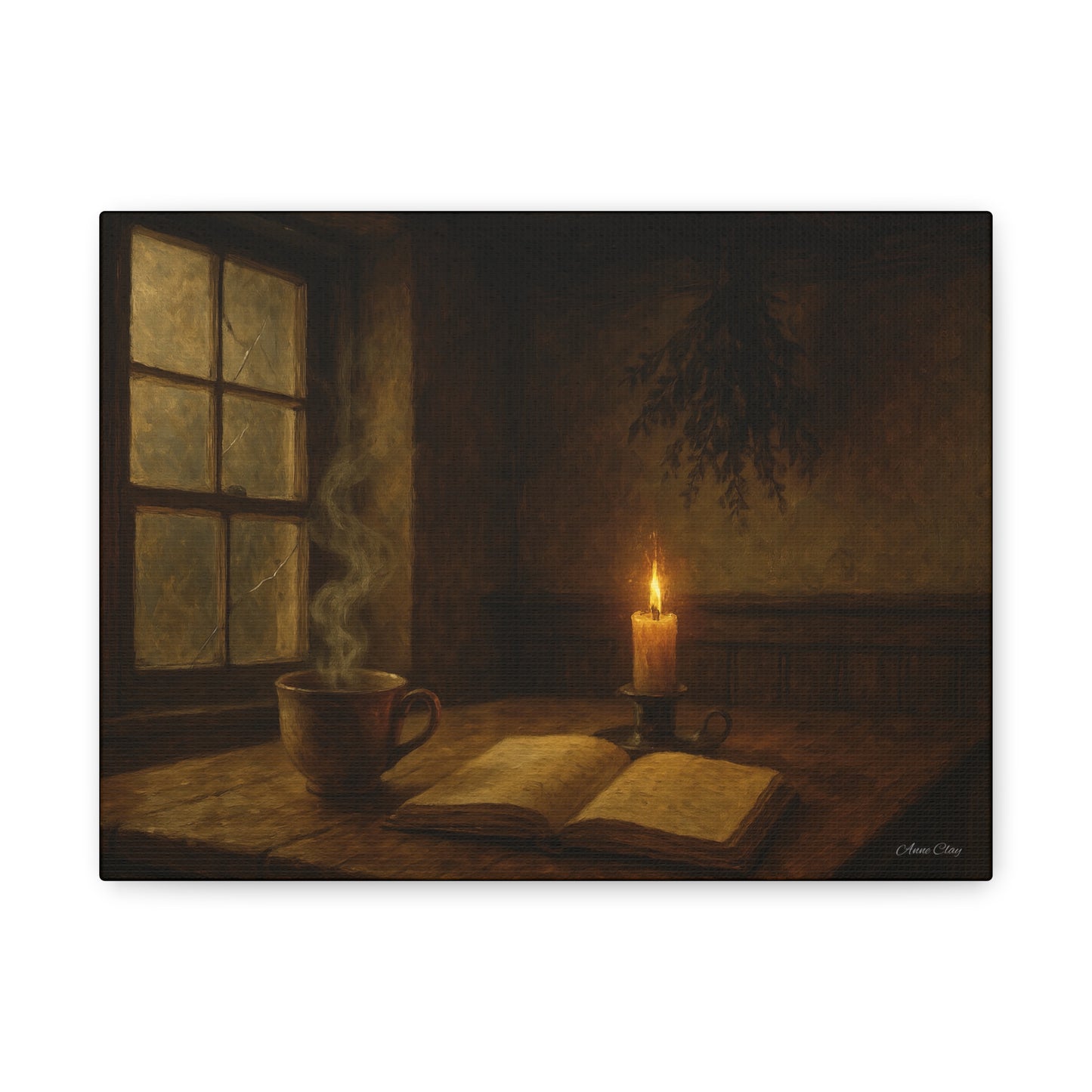 Cozy Candlelit Canvas Art, Wall Decor, Rustic Home Decor, Coffee Lovers Gift, Relaxing Room Artwork, Gift for Book Lovers