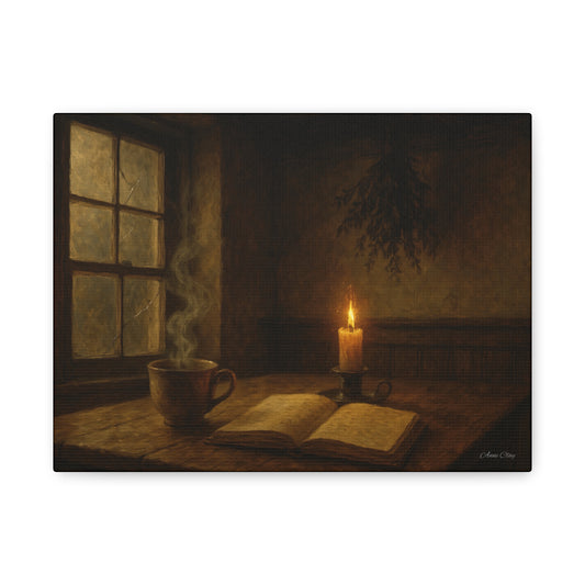 Cozy Candlelit Canvas Art, Wall Decor, Rustic Home Decor, Coffee Lovers Gift, Relaxing Room Artwork, Gift for Book Lovers