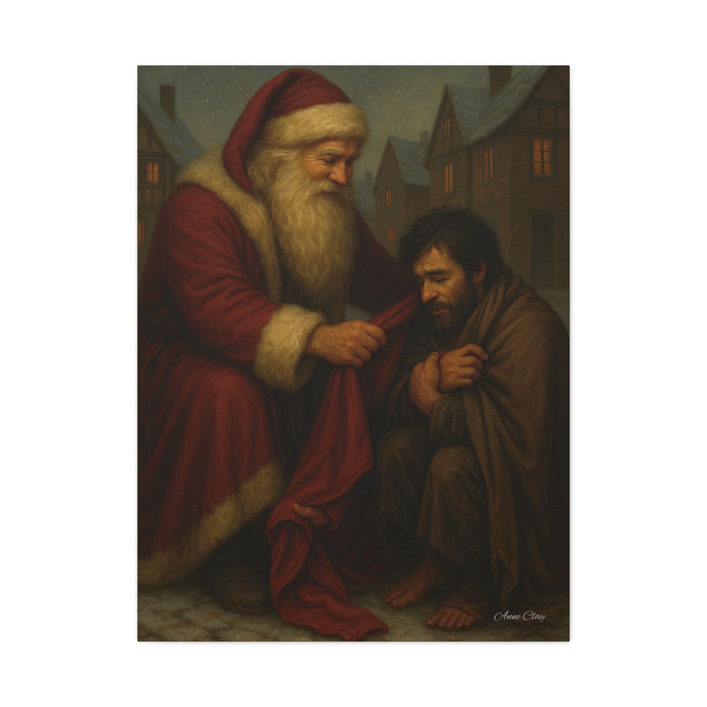 Charity Old World Santa Christmas Canvas Art: Santa's Compassionate Gesture