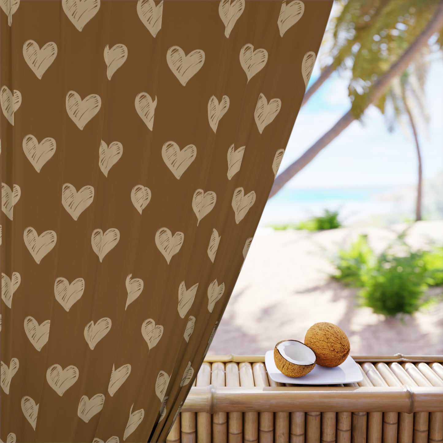 Cream Stencil Hearts on Latte Window Curtains (1 Piece)