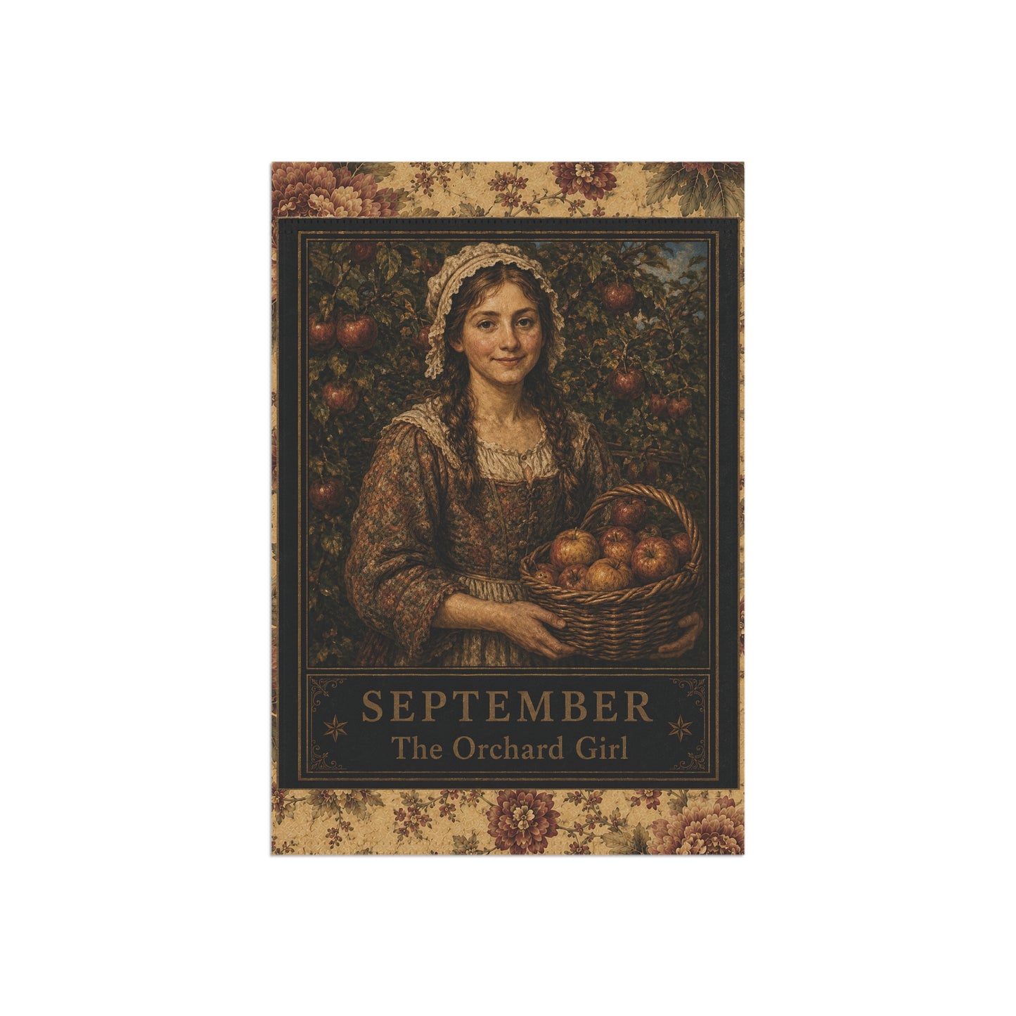 September Orchard Girl Garden Flag – Vintage Harvest House Banner