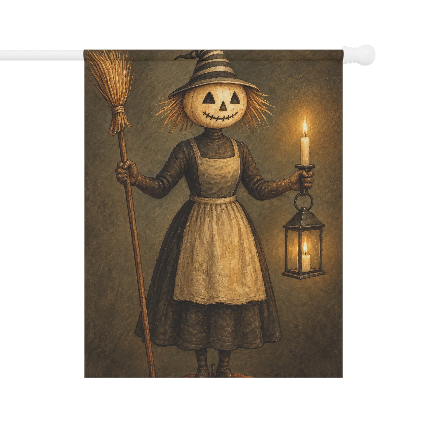 Halloween Scarecrow Garden Flag — Vintage Jack-o'-Lantern Lady Holding Lantern