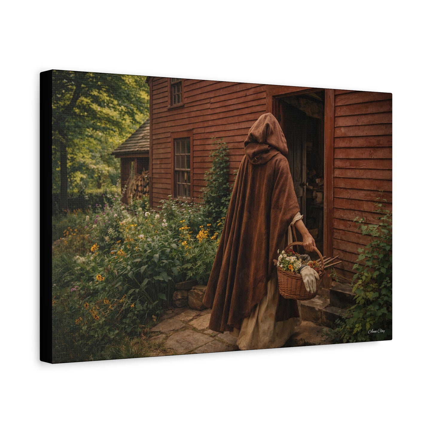 Domestic Rustic Cottage Woman Canvas Wall Art – Vintage Cloak & Basket Matte Stretched Print
