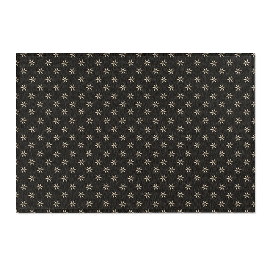 Cream Petal Stencil on Black Stylish Floral Area Rug, Boho Home Decor, Modern Living Room Accent, Vintage Area Mat,