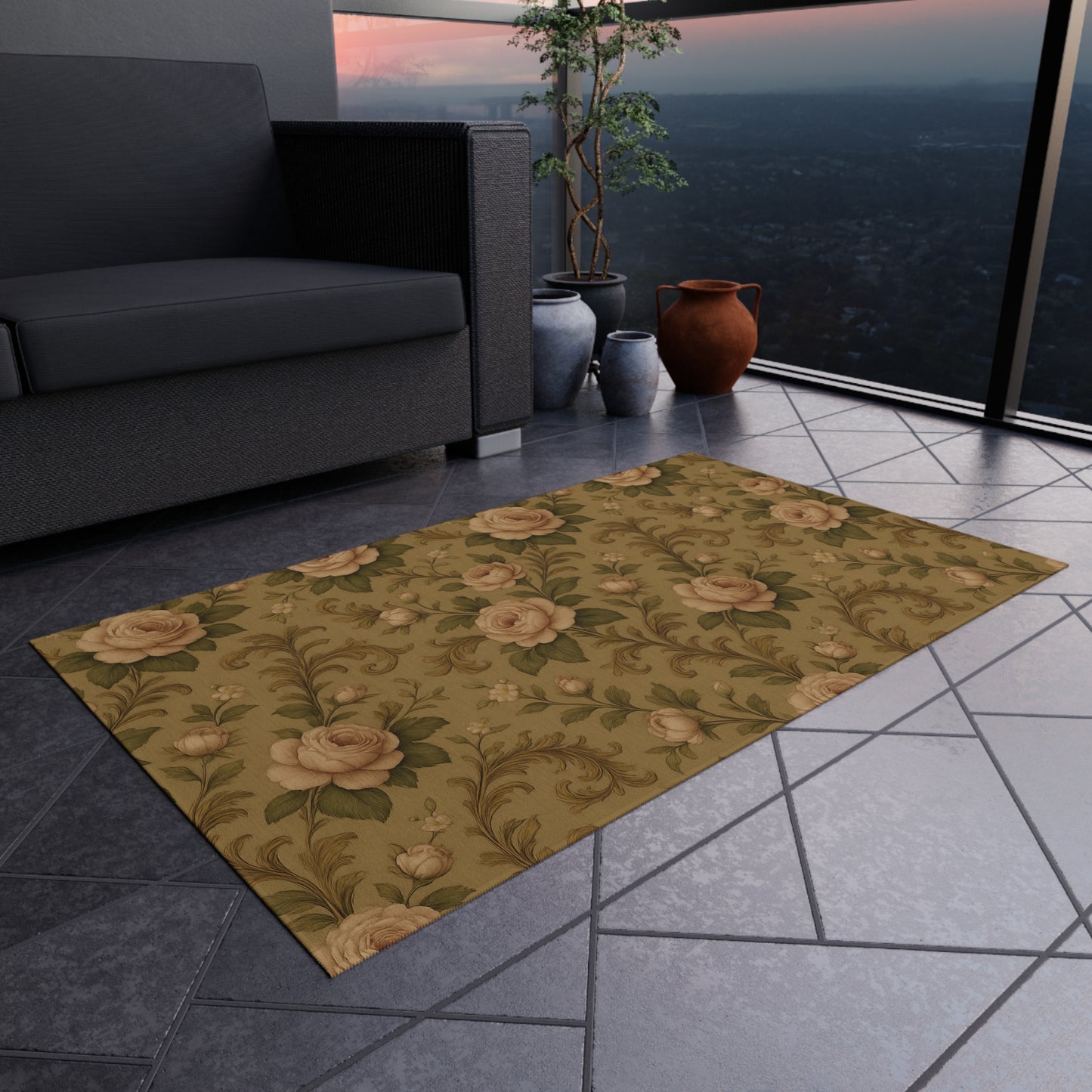 Vintage Floral Outdoor Rug, Boho Patio Mat, Garden Floor Decor, Rustic Outdoor Carpet, Perfect for Picnics & BBQs