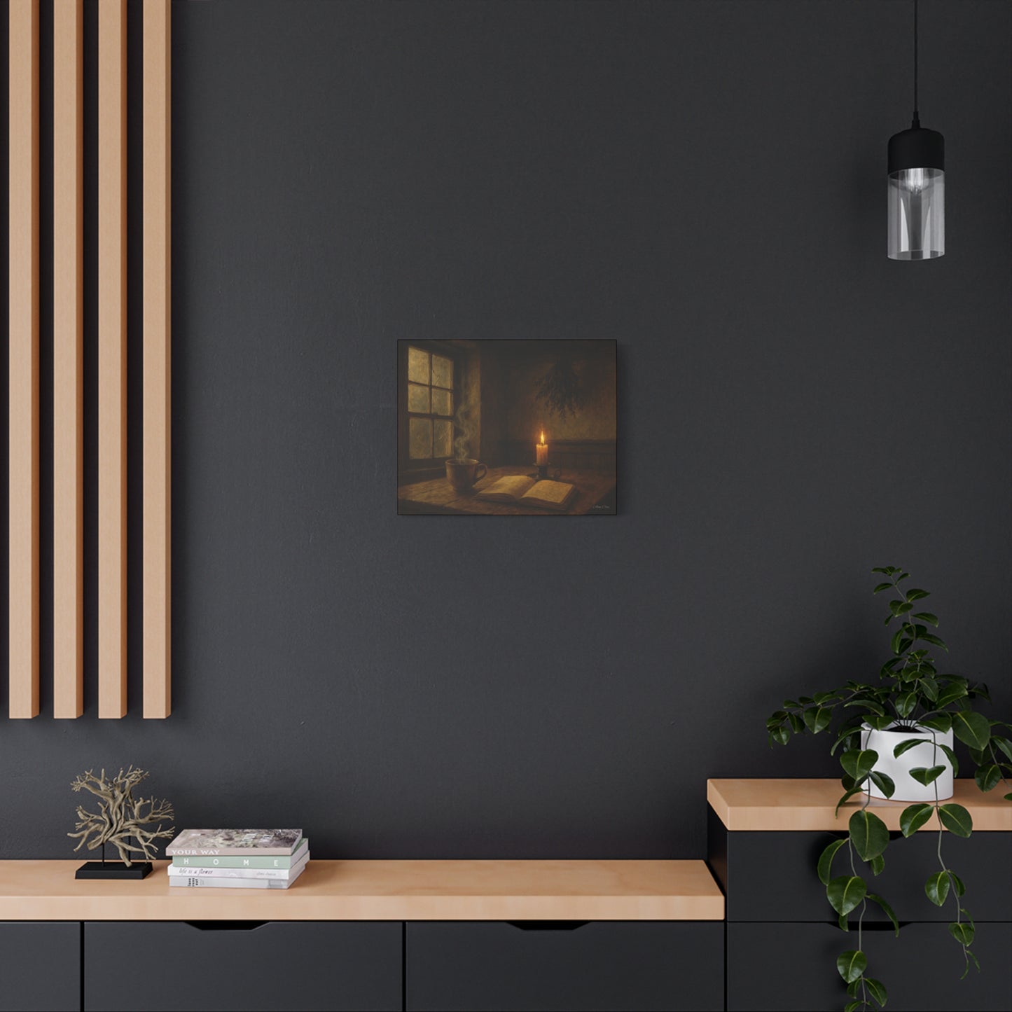 Cozy Candlelit Canvas Art, Wall Decor, Rustic Home Decor, Coffee Lovers Gift, Relaxing Room Artwork, Gift for Book Lovers