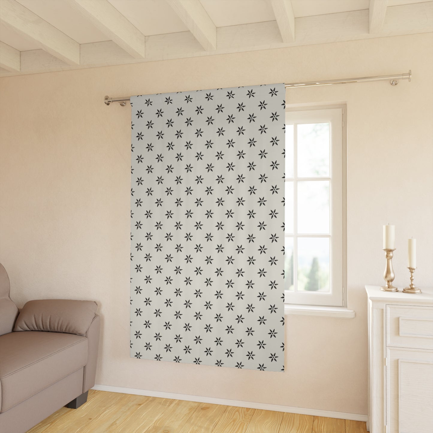 Off White/Cream and Black Stencil Window Curtains (1 Piece)