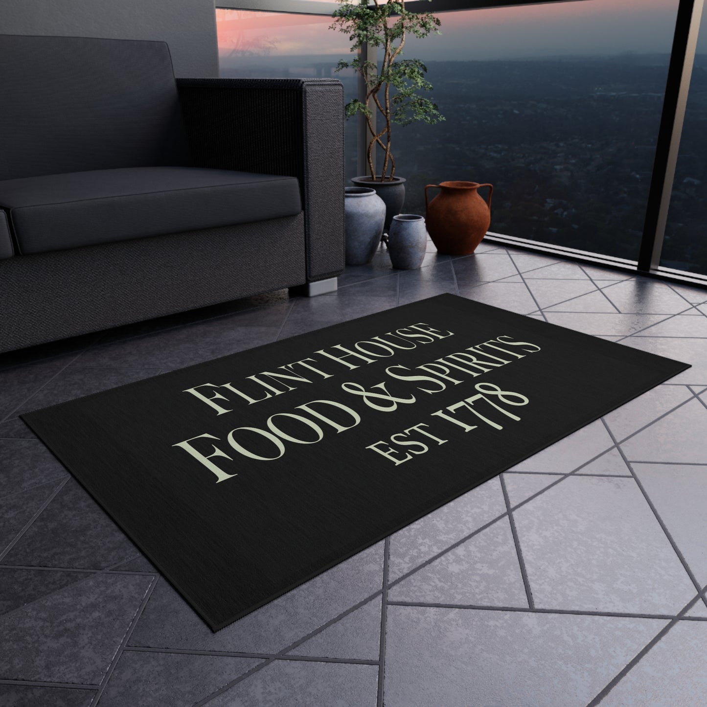 Elegant Outdoor Rug for Patios and Porches - 'Flint House Food & Spirits' Design