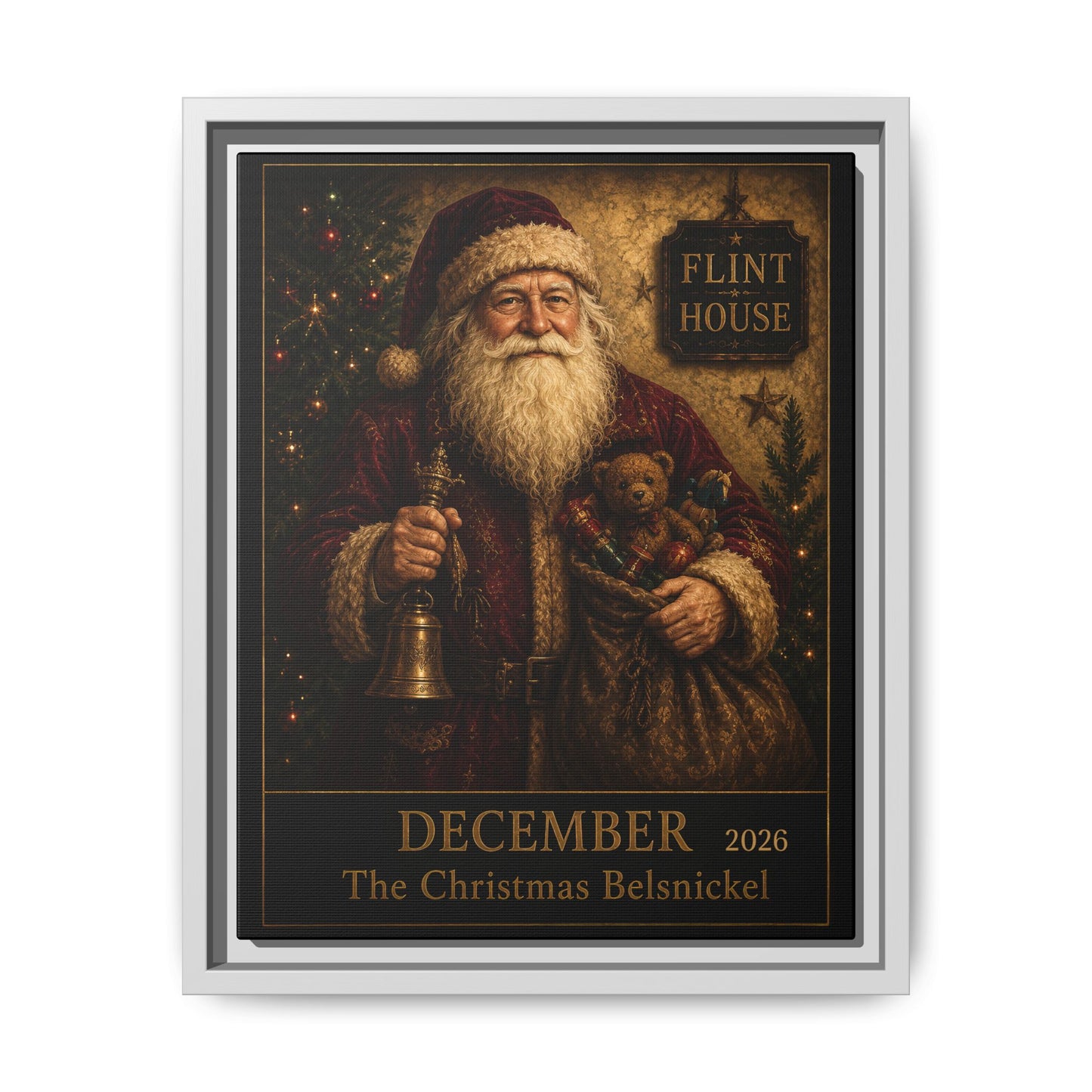 Framed Vintage Santa Canvas – “December The Christmas Belsnickel” Holiday Wall Art FLINT HOUSE COLLECTIONS