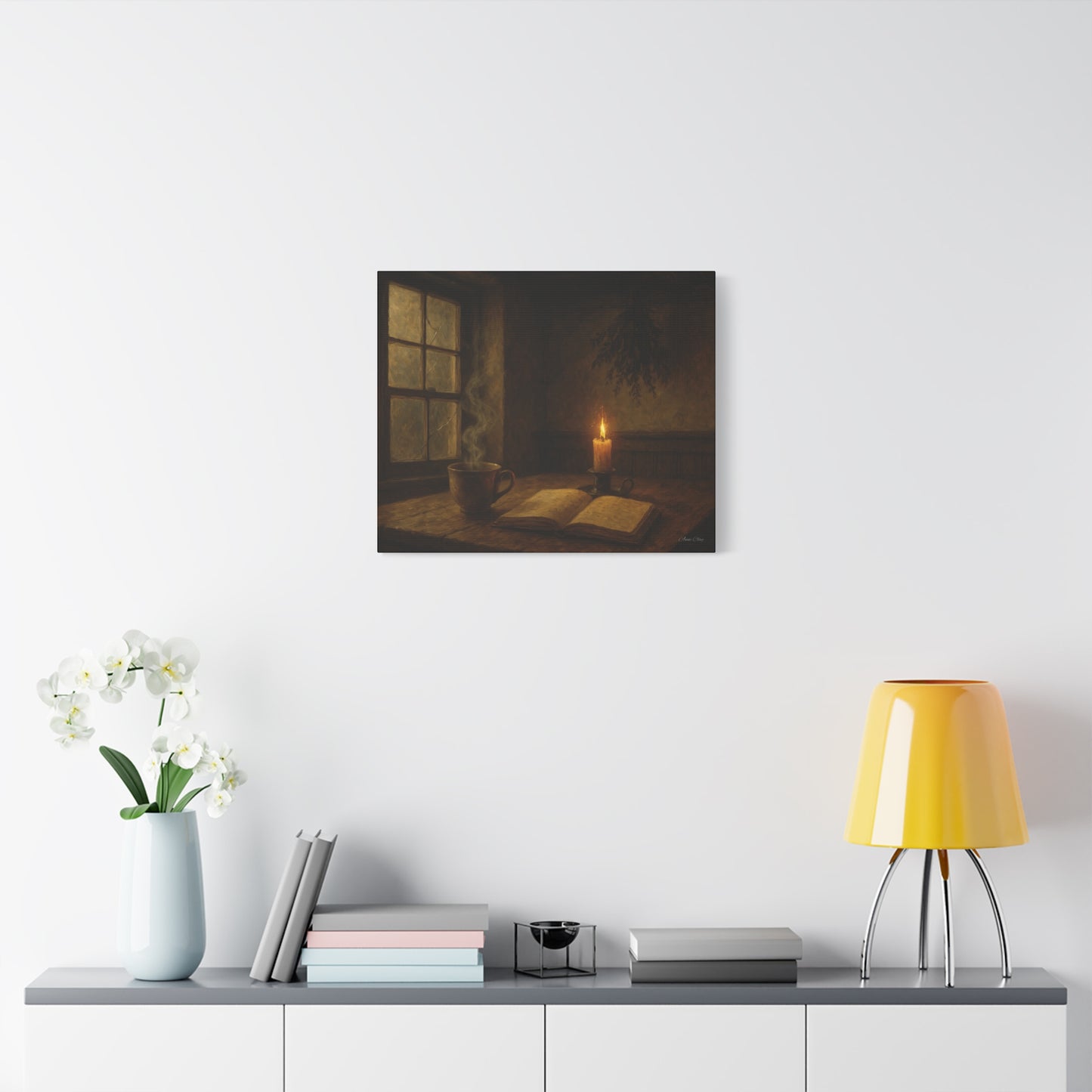 Cozy Candlelit Canvas Art, Wall Decor, Rustic Home Decor, Coffee Lovers Gift, Relaxing Room Artwork, Gift for Book Lovers
