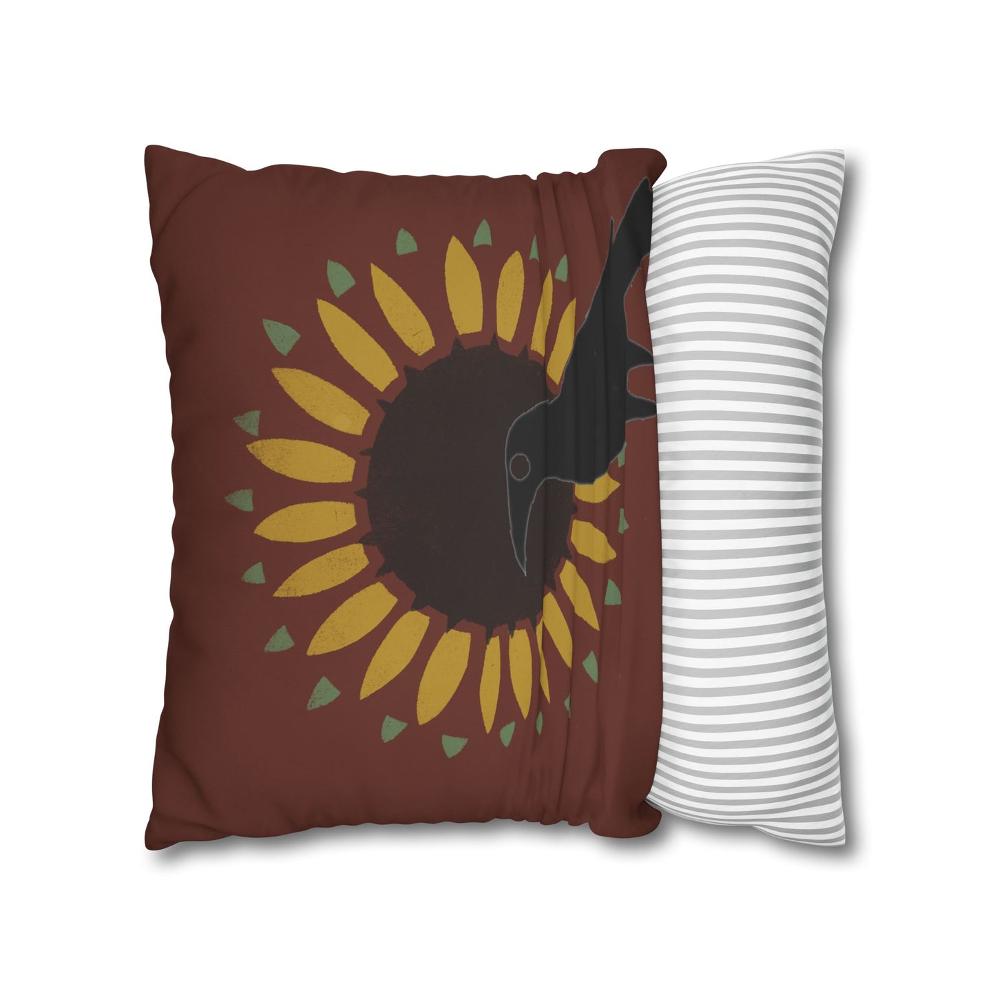 Crow and Sunflower Stencil on Red Square Poly Canvas Pillowcase