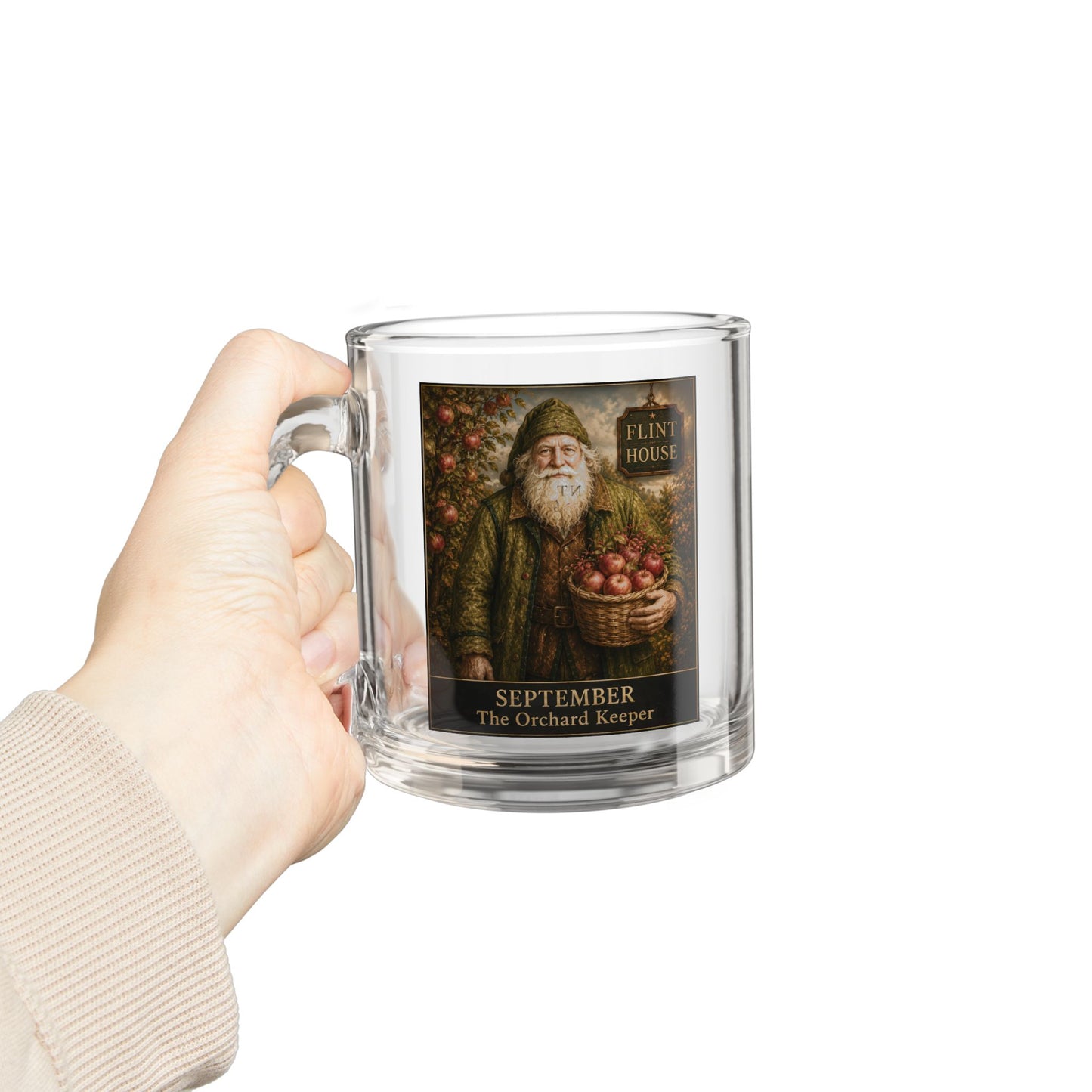 September Orchard Keeper Glass Mug — 10oz Vintage Harvest Apple Farmer Design