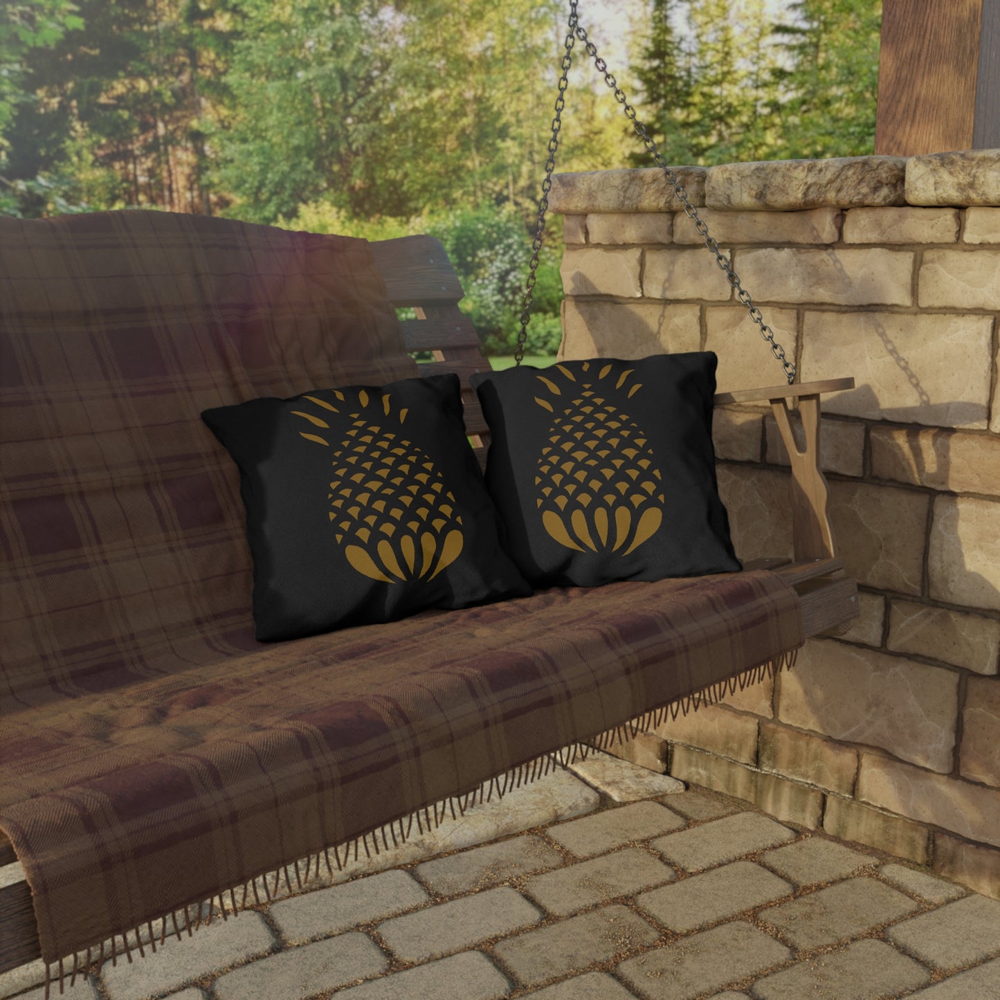 Mustard Pineapple on Black Outdoor Pillows